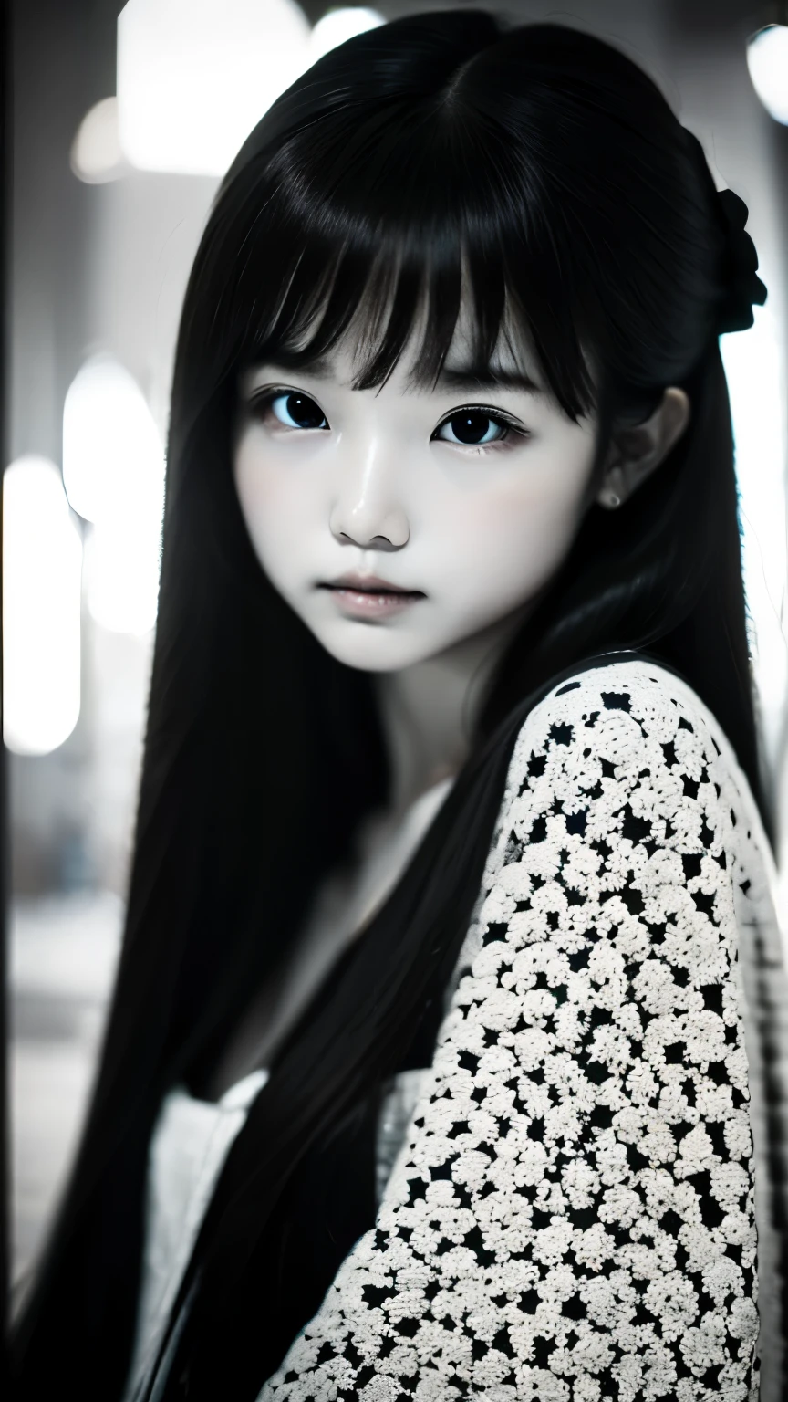 (((a black and white photo、film grain、RAW photo)))、one woman、18talent、unparalleled beauty、Beautiful teeth、natural look、small nose、plump lips、beautiful silky straight hair、Barrette、large size white shirt、the sleeves are long、blurred background、medium depth of field, photographed on a Canon 5D, 50mm lens, f/4 aperture, (very detailed, intricate details), sharp focus, calm colors, 8K, confused, 8mmfilm grain