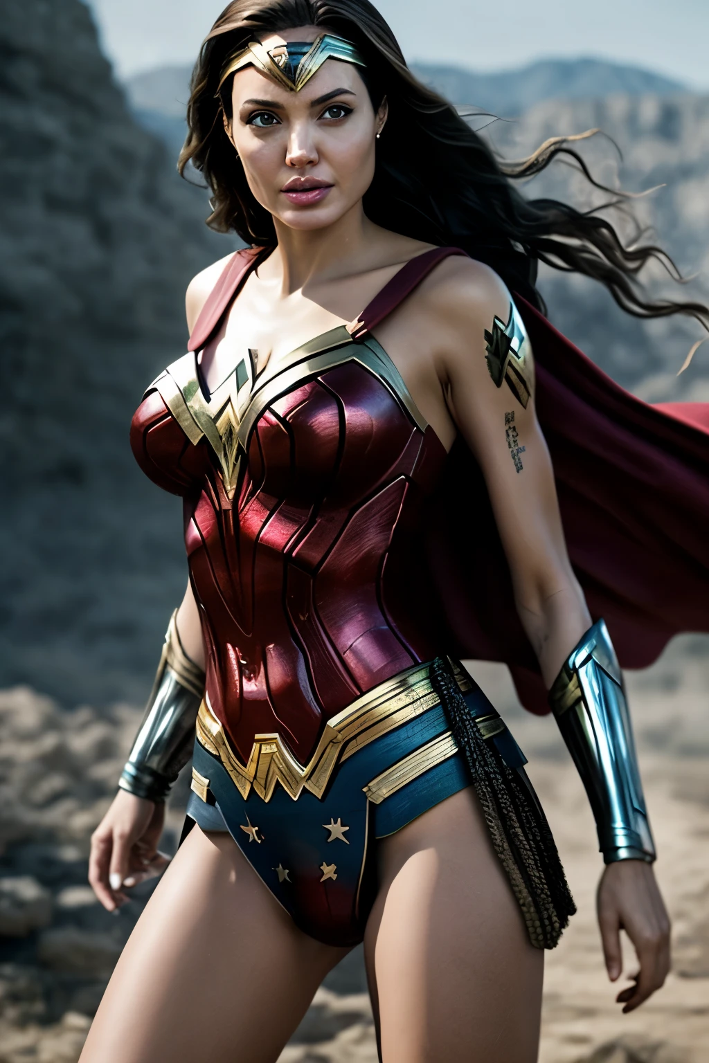 Foto RAW detallada de Angelina Jolie como Wonder Woman luchando contra Superman, dynamic pose, (hips anchoangulos), (detallada), (labios detallados), (ojos detallados), (science fiction setting) (detallada cara), (curva), detalles de los ojos, profundidad de campo, Soft lighting, obra maestra, calidad superior, intrincada, (efecto de lente hueca: 0.7), (diffusion effect: 0.7), particle effects, raytracing, tone mapped