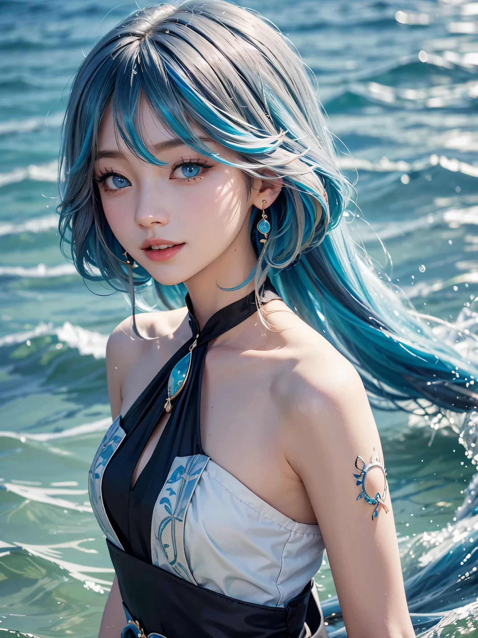 1girl、在water下，solo、looking at the audience、Smile、medium long hair、open mouth、Bangs、blue eyes、bare shoulders、jewelry、Upper body、blue hair、earrings、O cabelo multicolorido、collar、virtual_youtuber、Vest、water、Off the shoulders、black dress、striped hair、tattoo、Floating hair、Headband、Beautifully detailed seabed、美丽的water、泼water、浑身是water珠、Sunlight、Ray tracing、masterpiece、facing the camera