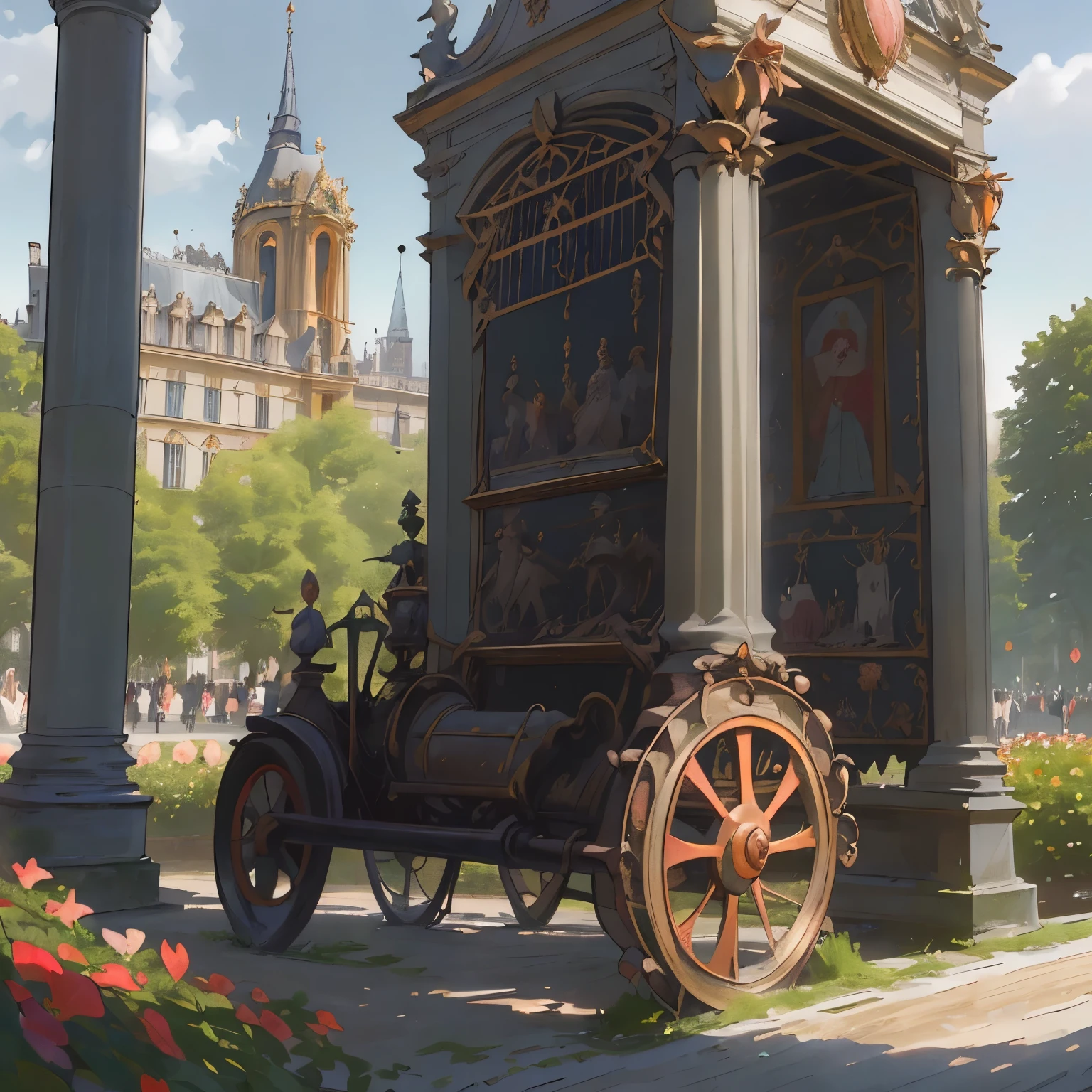 Monnaie de Paris, Château de Versailles, façade détaillée du château, Complexes de sculptures, jardins luxuriants, Fleurs vibrantes, la lumière du soleil filtre à travers les arbres, tracteur rouge et argent frappant, détails minutieux du tracteur, Haute qualité d&#39;Image, Des couleurs vives, éclairage soigneusement conçu. monnaie de Paris se distingue à travers le château de Versailles et devient un tracteur rouge et argent