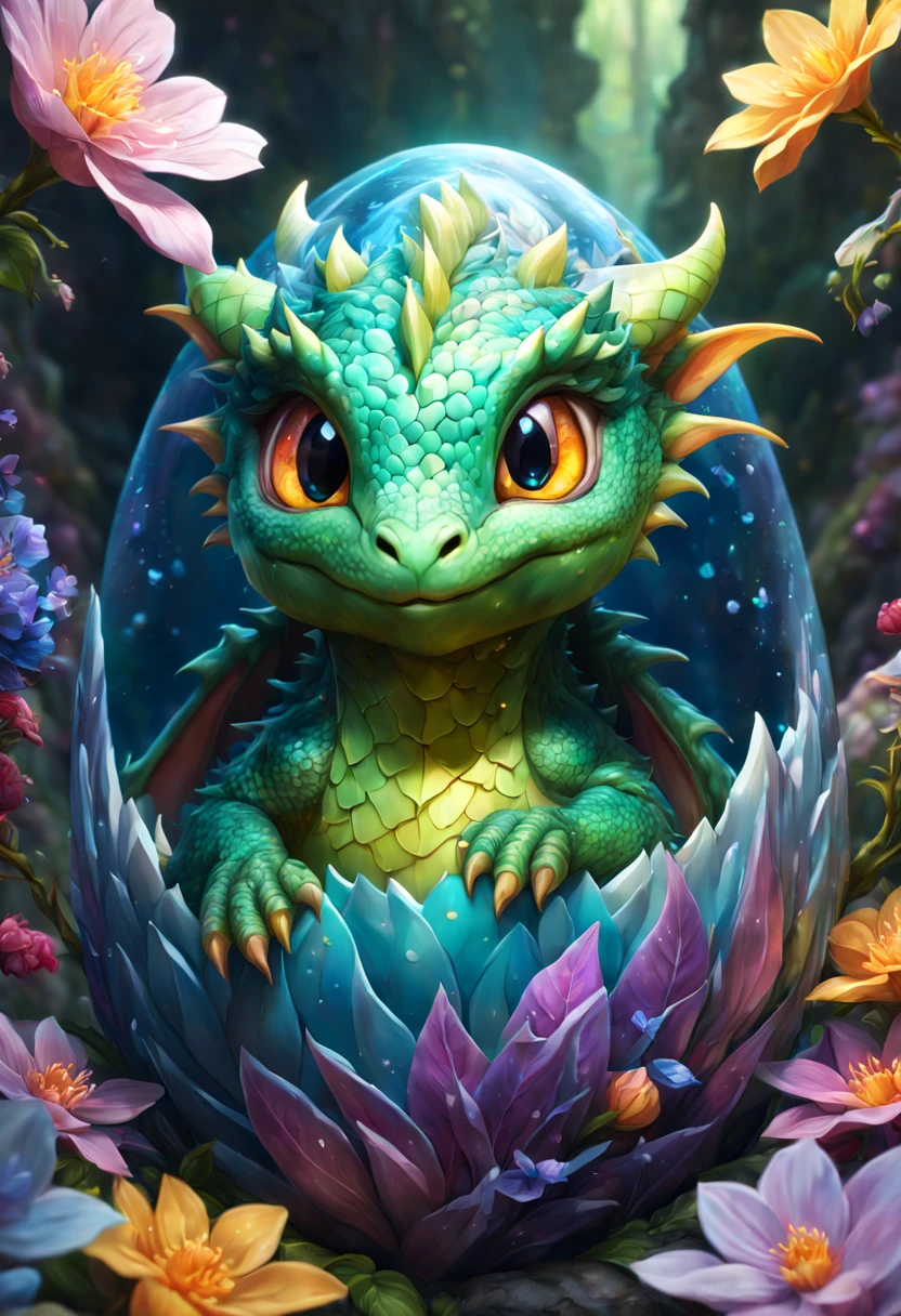 "mind-blowing cute baby dragon in a metamorphic cataclysm flower blossom egg", 8k resolution concept art portrait, Artgerm, WLOP, dynamic lighting, intricately detailed,triadic colors, Unreal Engine 5, volumetric lighting, detailed matte painting, deep color, fantastical, intricate detail, splash screen, complementary colors, fantasy concept