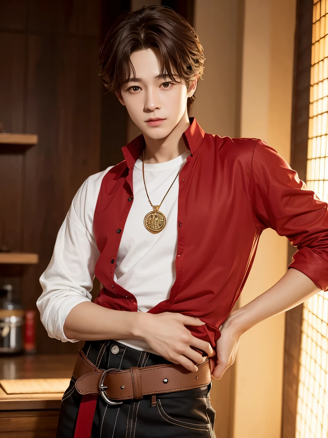 Lee jeno con cabello rojo ropa negra y una capa con capucha de color rojo en una mano que tenga una llama de fuego, on the belt that has hanging a pendant with a red gem, and with the other arm he is hugging Huang Renjun, He has brown hair and light brown eyes., lleva una flor en el cabello y viste con tonos verdes y marrones
