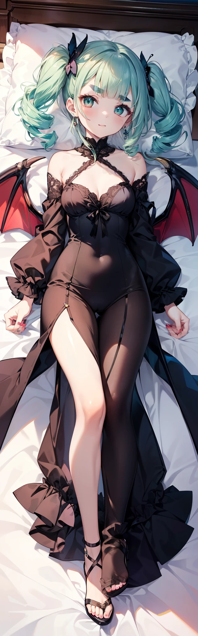1 girl, smile, butterfly hair ornaments, butterfly earrings, green eyes, No sleeve, red nails, (masterpiece, highest quality, highest quality, official art, beautiful and aesthetic: 1.2), (light green hair, twin drill,twin tails),(((((blunt bangs,Bangs aligned above the eyebrows))))),(Big eyes,slanted eyes),4K, hyper hd, white skin, baroque, Gothic ta, race, frills,elegant, Smooth anime CG art, movie lighting, vampire, bat wings, lure,((full body illumination,on the bed、On your back、lying down、beautiful girl))