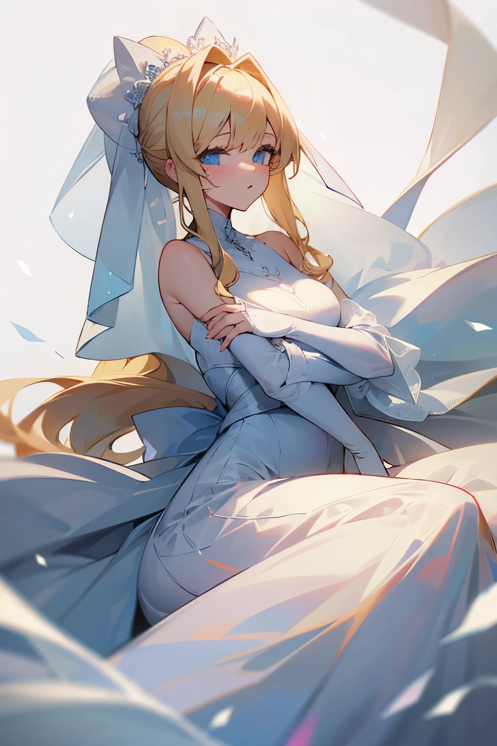 blonde woman、Huge long ponytail、white prom dresses、white veil