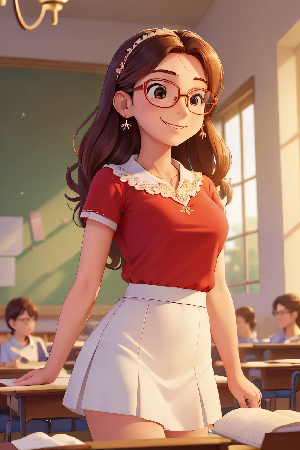 (A :1.3),(Masterpiece, Best quality:1.4), (Beautiful, Aesthetic, Perfect, Delicate, Intricate:1.2),((Best quality)), ((Masterpiece)), (Detailed),(A high resolution:1.2), Classroom, An adult female, Smiling Claudia Chever, Red shirt, White skirt, Glasses, Bend over, angle of view,