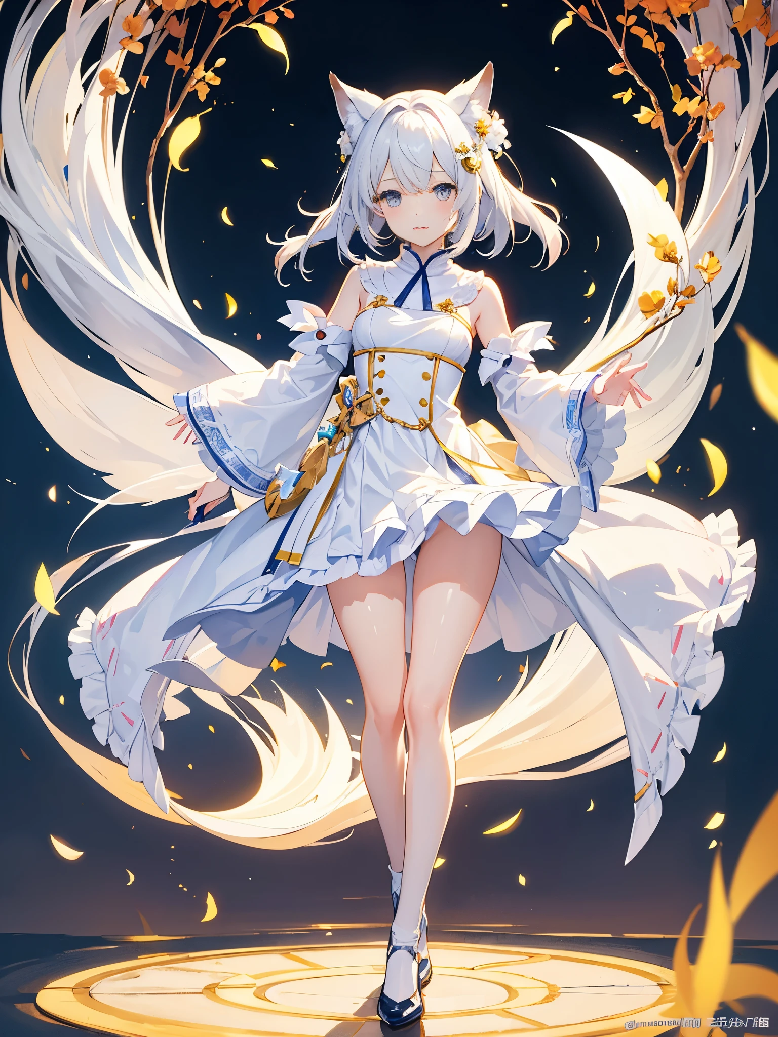 Pure fox-eared girl(Cheerful)Skin is hydrated(Highlights the voluptuousness of thighs) Cloth shoes on their feet。white flower。Action settings:Turn around。float