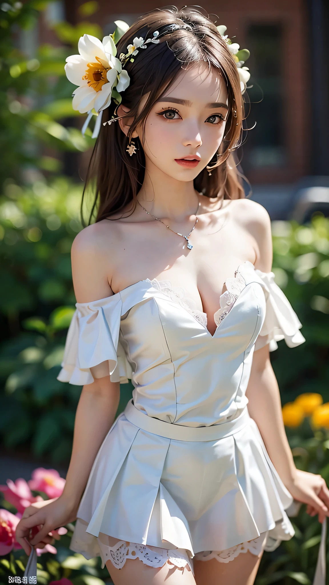 (Close-up:1.4)、(RAW shooting:1.2)、(photorealistic:1.4)、(masterpiece:1.3)、(highest quality:1.4)、solo、7 head and body、(slender and beautiful girl)、cute、(beautiful detailed eyes)、(charming big eyes)、(beautiful double eyelids)、(beautiful and detailed face)、(Medium chest:1.2)、(cleavage)、(full body shot)、8K、(muste piece:1.2)、(Cute off-the-shoulder、mini skirt:1.3)、(大きく開いた胸のCute off-the-shoulder:1.3)、(Sexy model pose with chest sticking out:1.3)、cowboy shot、view audience、(beautiful hands)、(beautiful thighs)、hair blowing in the wind、cute系、flower gardenに座る、flower garden、outdoor、(perfect anatomy:1.2)、