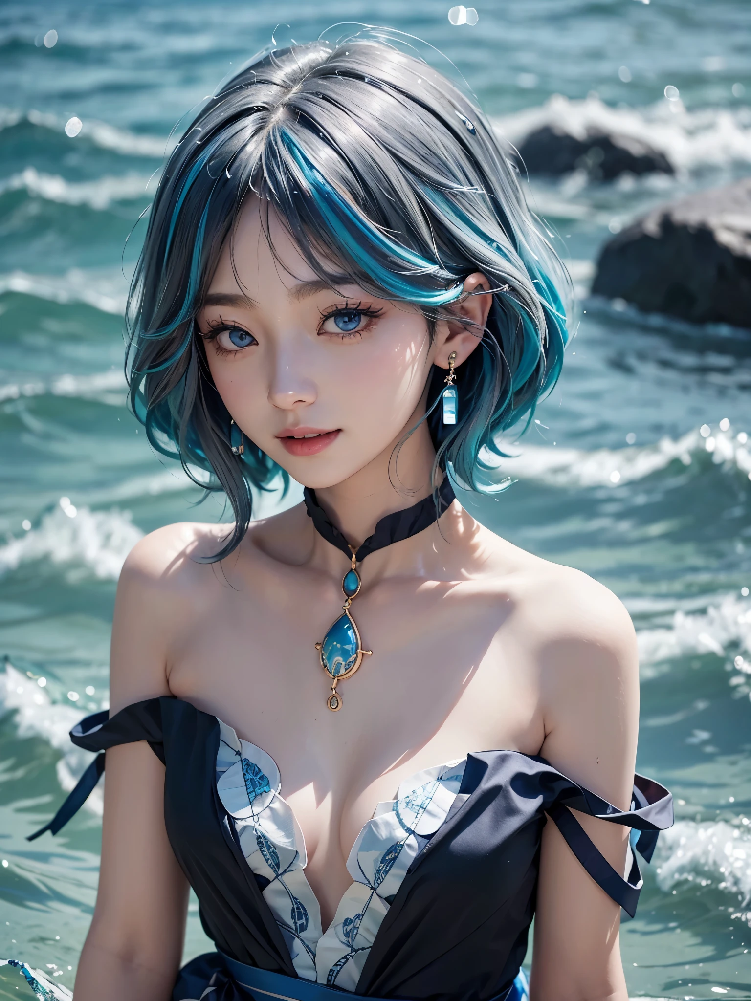 1girl、在water下，solo、looking at the audience、Smile、medium long hair、open mouth、Bangs、blue eyes、bare shoulders、jewelry、Upper body、blue hair、earrings、O cabelo multicolorido、collar、virtual_youtuber、Vest、water、Off the shoulders、black dress、striped hair、tattoo、Floating hair、Headband、Beautifully detailed seabed、美丽的water、泼water、浑身是water珠、Sunlight、Ray tracing、masterpiece、facing the camera