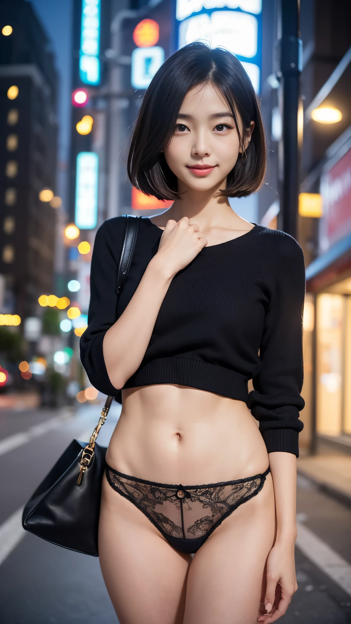 thin legs, , Night view of New York、blur the background, sidewalk, RAW photo, 8K, highest quality, ultra high resolution, beautiful face details, real human skin, gentle expression, Front view, angle from below, long hair, realistic, realistic, cute, The lower half of the body is in panties, cute女子大学生, office lady, smile、Japanese、Japanese美女、professional fashion model, whole body,perfect face、Perfect body line、short hair style,upper body photo、
