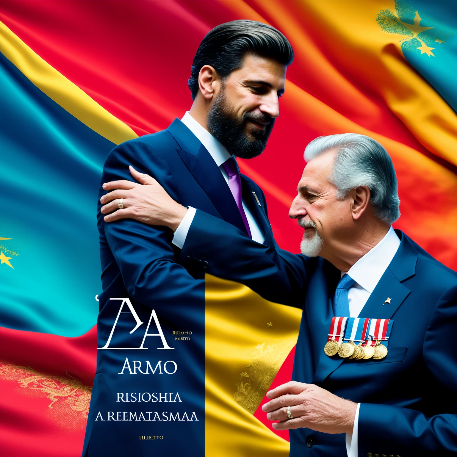 A realistic Argentinean President and Spanish King collaboration, an unexpected reggaeton duo album cover, titled "Diplomatic Heart," breaks download records in a sensational release, showcasing that diplomacy can also resonate rhythmically. The album art - fondo neutro, moody, fotorrealista, thoughtful - features both leaders deep in conversation, their eyes fixed on each other, wearing formal attire with a subtle reggaeton beat in the background. The title, "Diplomatic Heart," is written in bold, vibrant letters, reflecting the unexpected yet powerful harmony between the two nations. The image, super detalhada, hiper realista, captures every minute detail, from
