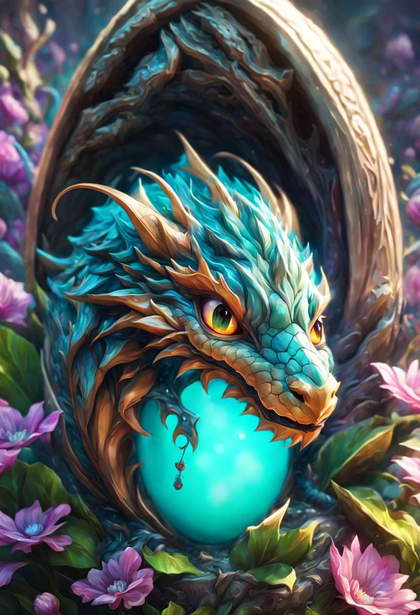 "mind-blowing cute baby dragon in a metamorphic cataclysm flower blossom egg", 8k resolution concept art portrait, Artgerm, WLOP, dynamic lighting, intricately detailed,triadic colors, Unreal Engine 5, volumetric lighting, detailed matte painting, deep color, fantastical, intricate detail, splash screen, complementary colors, fantasy concept