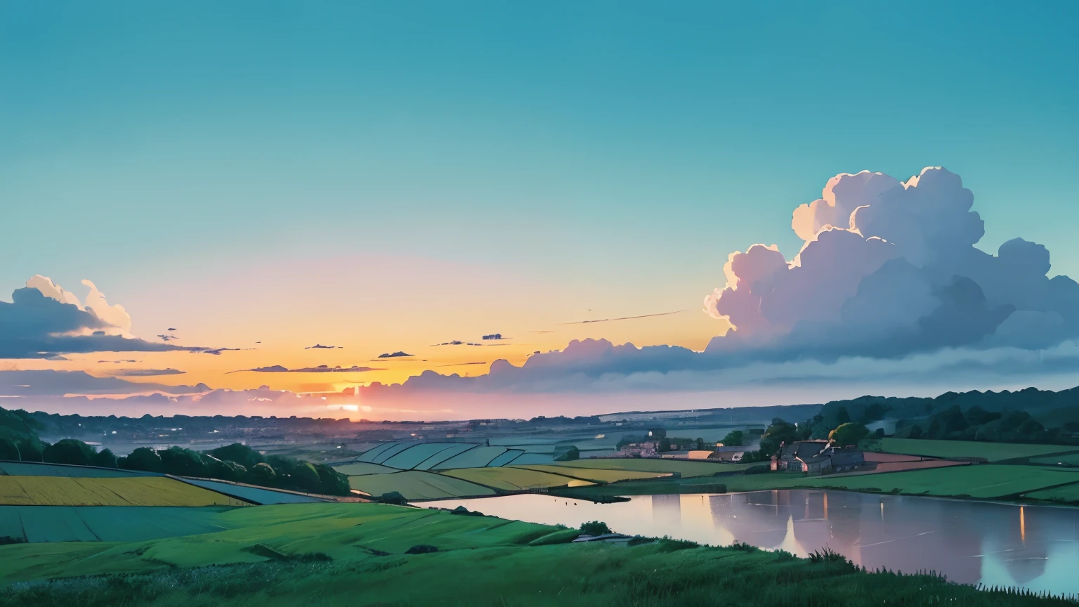 and soul、Skyscape with clouds、Landscape without buildings、You can see the touch of the brush、Studio Ghibli、Ghibli、humid、the ground is wet、scenery、style、Prime time、skyline、evening