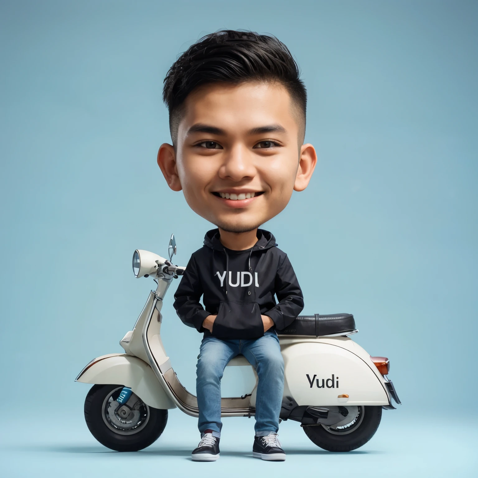  3D caricature, a young Indonesian man, undercut hair, black jacket, the name YUDI written on the front of his jacket, jeans, smiling photo facing the front, sitting on a white Vespa, background
