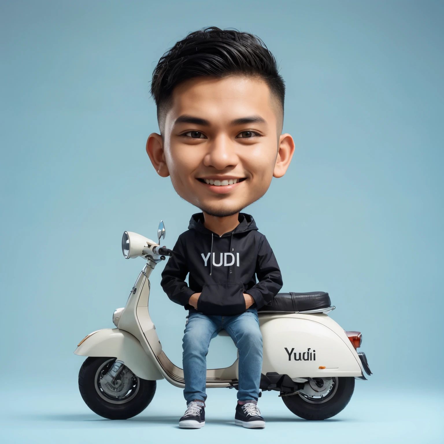 3D caricature, a young Indonesian man, undercut hair, black jacket, the name YUDI written on the front of his jacket, jeans, smiling photo facing the front, sitting on a white Vespa, background