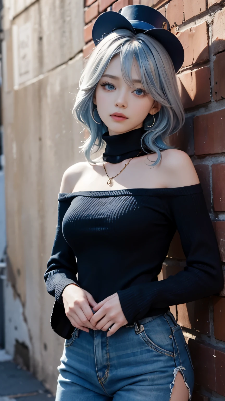 (masterpiece,outstanding,1girl,solo,intricate details,Color difference),realism,(medium breathing)),Off the shoulders,big,sexy,Eight Emiko,long blue hair,Silver Headwear,red highlights,hair above one eye,blue eyes,earrings,sharp eyes,Perfectly symmetrical figure,Choker,neon shirt,slit jacket,turtleneck sweater,Against the wall,brick wall,Graffiti,dim lights,alley,looking at the audience,((make sense,enchanting,charming) ),(Sakura background))),红brick wall的背景