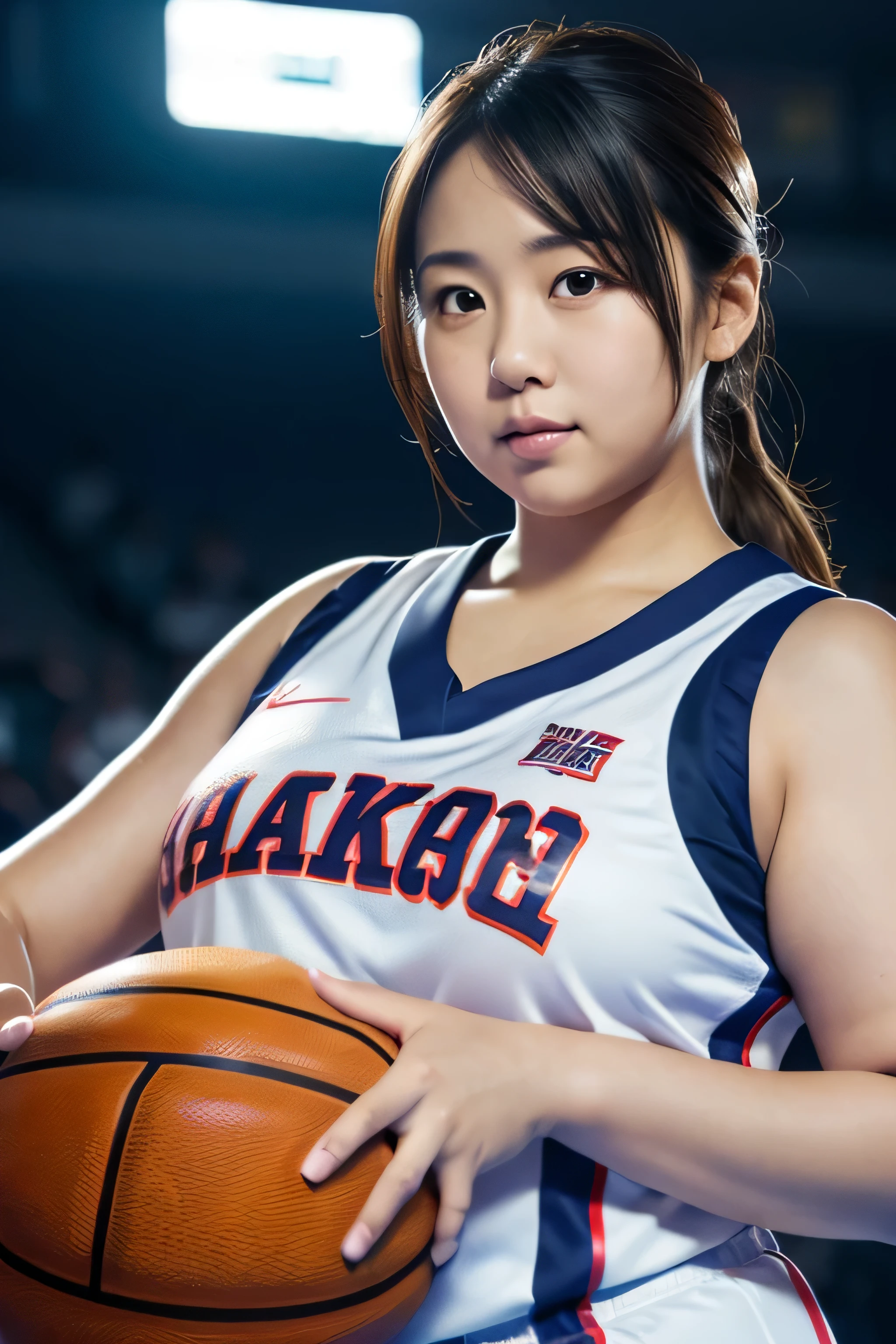 woman posing for a photo,(Wearing Basketball_uniform:1.3), good hand,4K, High resolution, masterpiece, highest quality, head:1.3,((hasselblad photography)), fine skin, sharp focus, (cinematic lighting),1 female breast, Overweight, extremely fat, Chubby, Japanese, clavicle, night, soft lighting, dynamic angle, [:(detailed face:1.2):0.2],(((Inside the basketball field))), outside