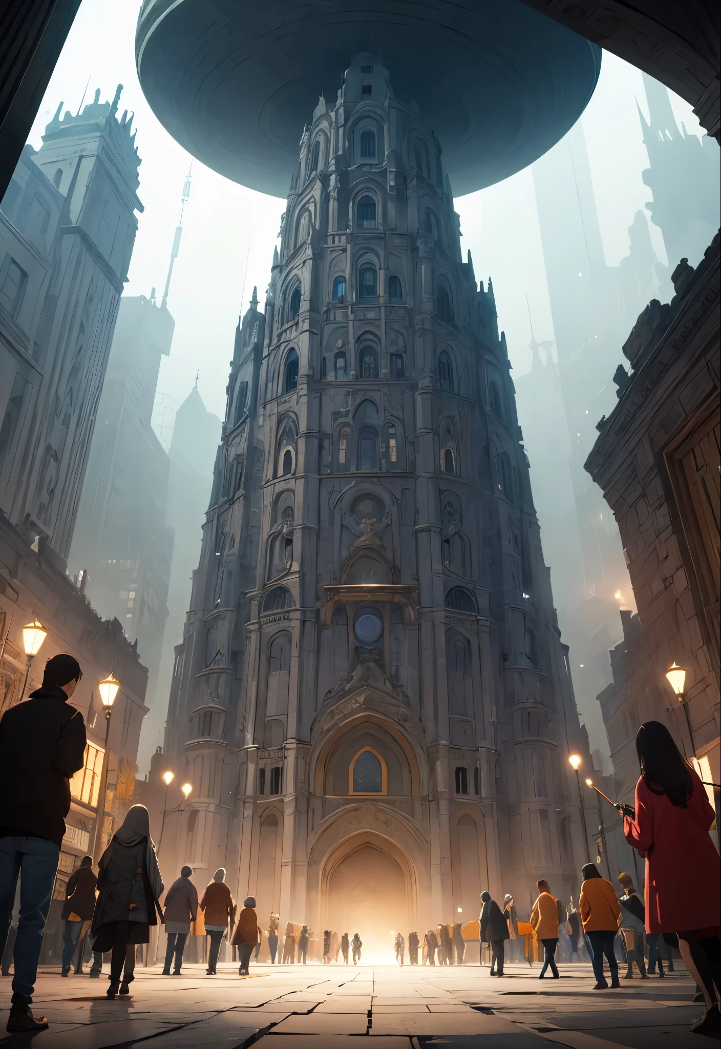architecture,masterpiece, concept art, Wide-angle lens, panoramic,civilization,babel,Babel(Ancient Babylon Culture), fantasy theme, 古代巴比伦civilization, 浮空岛上的Babel天空,Volumetric lighting, global illumination, HD