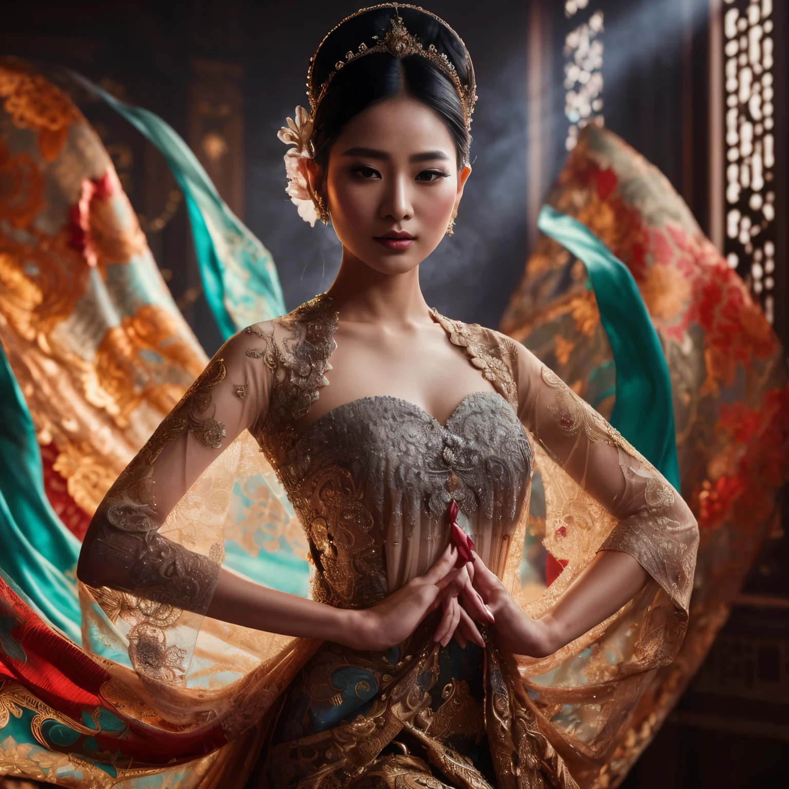 a close up of a woman in a dress with a veil, beautiful oriental woman, wearing ornate silk clothes, portrait shot, traditional beauty, beautiful digital artwork, inspired by Rudy Siswanto, stunning elegant pose, a beautiful fantasy empress, by Rudy Siswanto, wearing an ornate outfit, wearing ornate clothing, royal elegant pose, beautiful elf with ornate robes