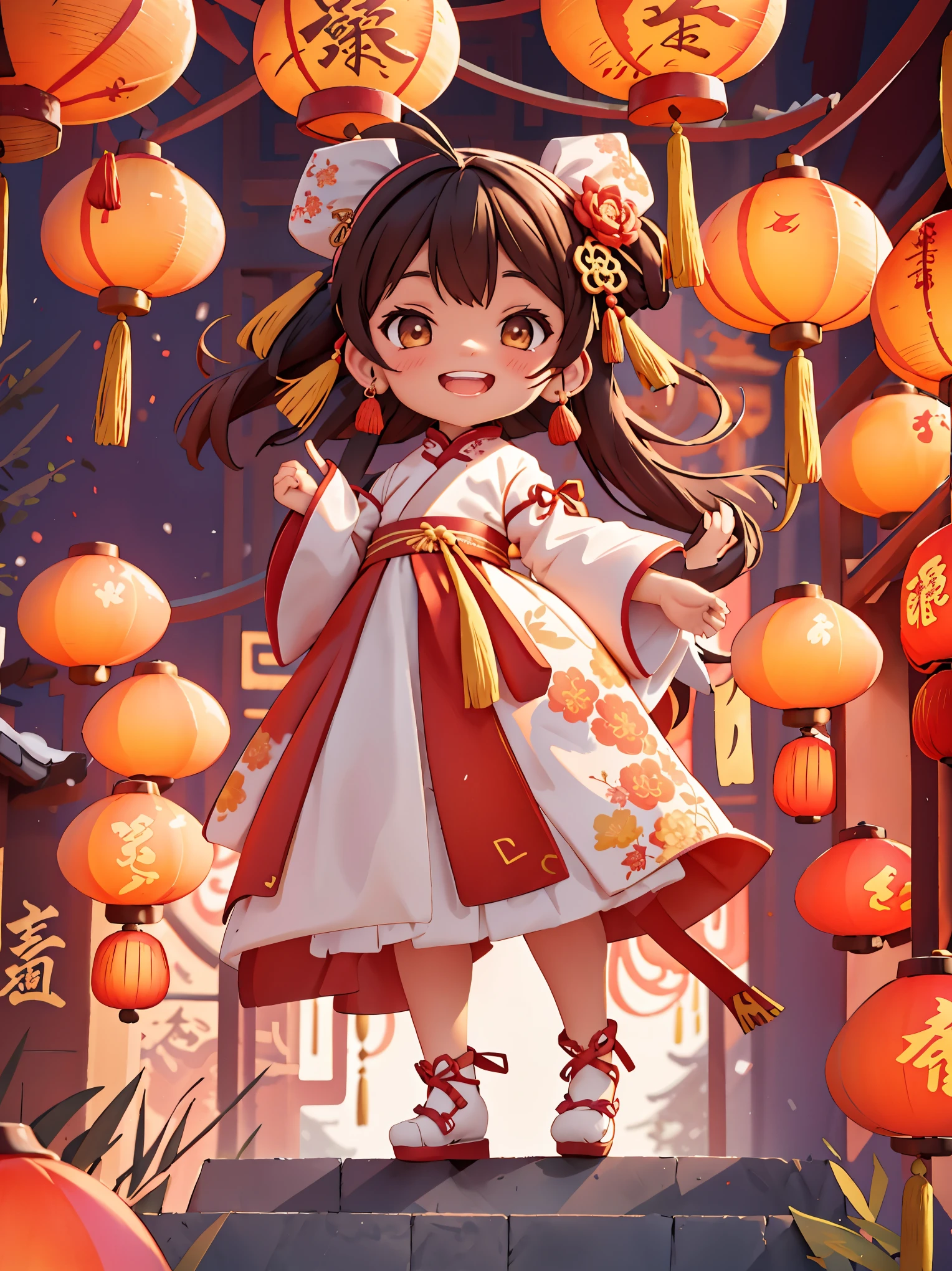 （masterpiece，quality，Best quality，official art，Beauty and aesthetics：1.2），CNY,Welcome the winter solstice，Cute girl in Hanfu，alone，climb up the ladder，Look back and smile，happy，Happy，(Chinese fabric:1.2),The content is very detailed，（fractal art：1.1），（a color：1.1），Big red lanterns hang high behind you，（ tangled:1.2), (dynamic poses)， (solid color background:1.3), (glowing skin), (Many colors:1.2), (Decorative painting：1.3)，(Symmetrical composition），