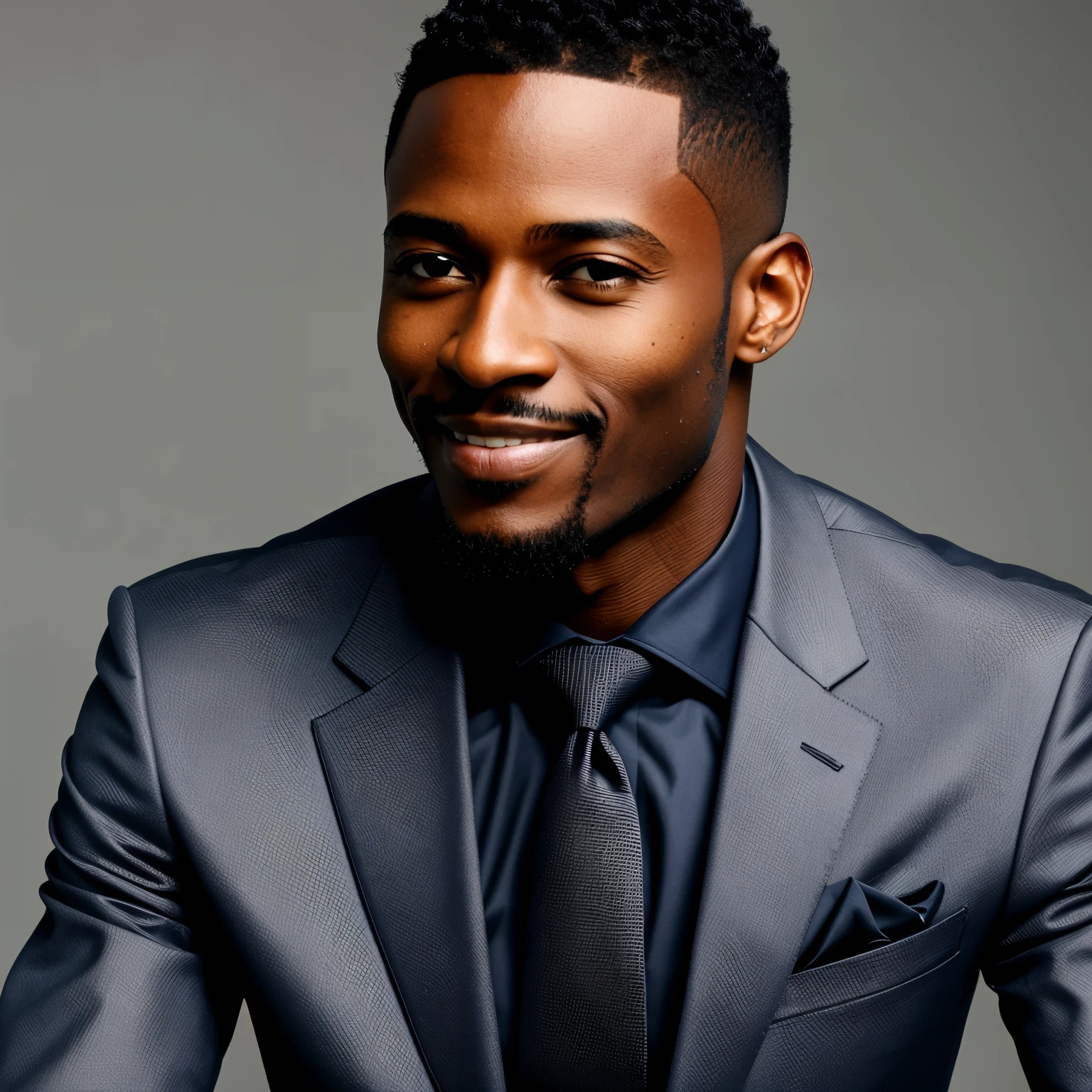 Black guy, headshot,) bright hazel green eyes), (curly low fade haircut:1.14), (sunburned skin, 5 o'clock shadow) ((smirking, buff)), detailed face, detailed iris, full lips, ((cute, wearing a modern luxury dark navy blue suit, pocket handkerchief, buff, wavy low fade haircut)), ((grey background, symmetrical facial features)), intricate details, studio lighting, 80mm, portrait, shallow depth of field, CEO, smirking, happy, African guy
