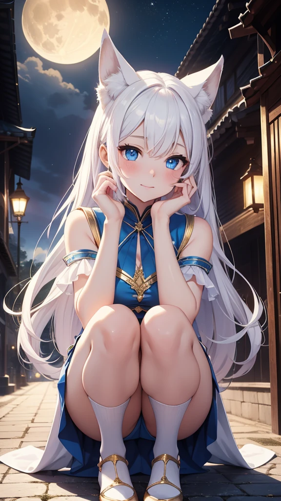 masterpiece, best quality, Top quality,detailed,8K,1 girl, White fox girl,,(rich and colorful),blue eyes,Jewel color,(Delicate and beautiful eyes and delicate face),white hair,alone,Squatting,Cover your face with your hands,blush,Smile,shy expression,blue and gold skirt,White and gold,looming thighs,sexy,Sky, Antique architecture, moon光, moon, night, high contrast,,The impression of white and gold tones .