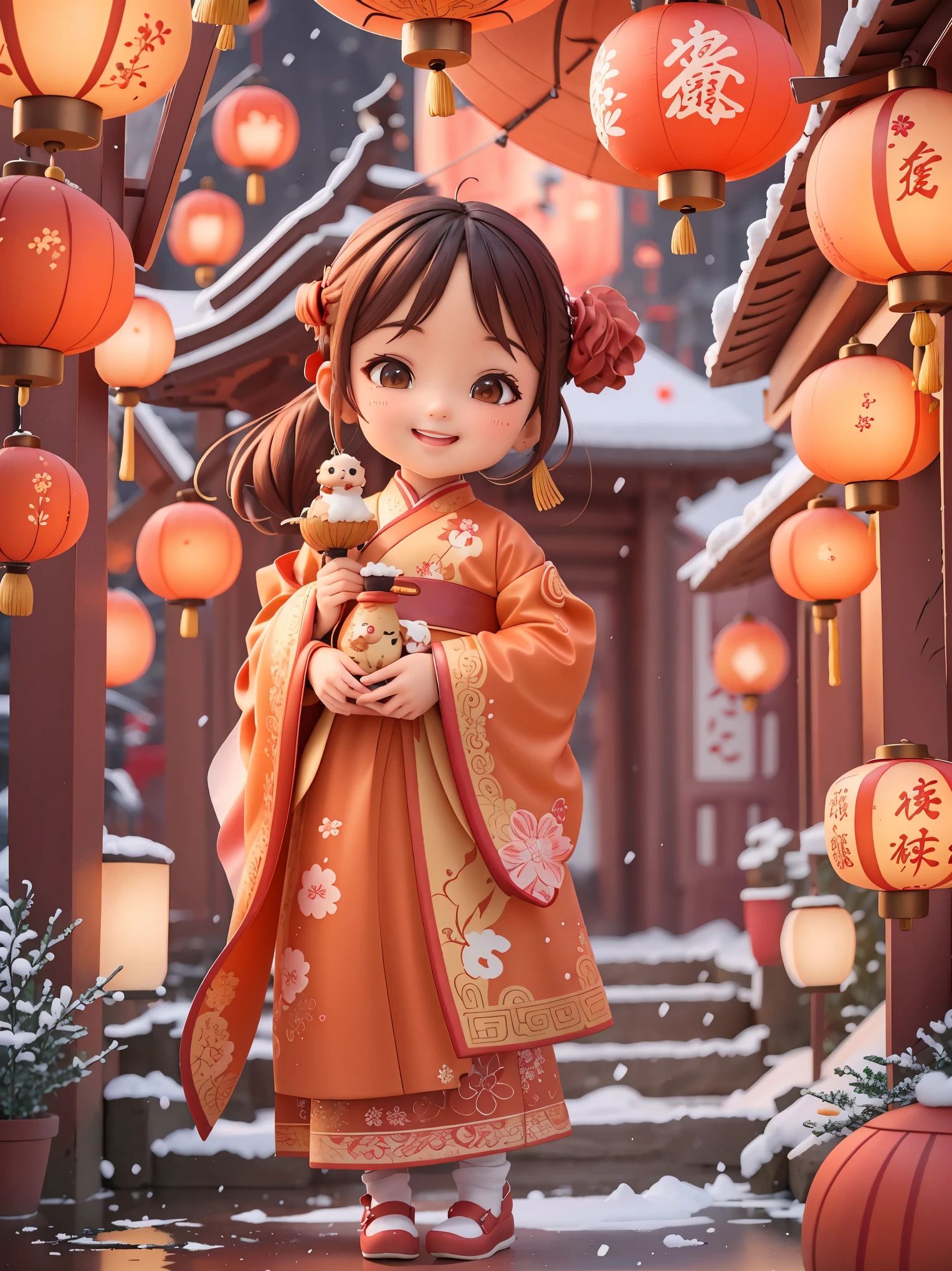 (masterpiece,quality,Best quality,official art,Beauty and aesthetics:1.2),CNY,(1 cute girl:1.3),alone,Brown double ponytail,(Chinese fabric:1.2), Wearing Hanfu,happy,(Holding a big red carp:1.3),Smile,Welcome the winter solstice,The content is very detailed,(fractal art:1.1),(a color:1.1),Big red lanterns hang high behind you,( tangled:1.2), (dynamic poses),(Symmetrical composition), (solid color background:1.3), (皮肤发Light), (Many colors:1.2), (Decorative painting:1.3),Light,ink画和ink画,ink,