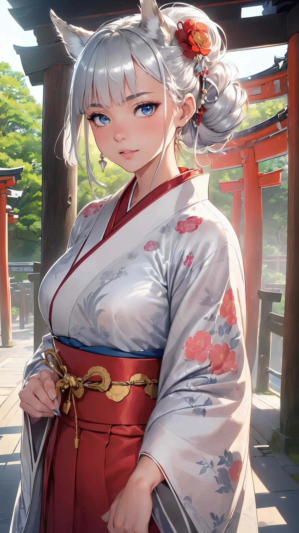 (((Masterpiece))), (((Highest quality))), ((Ultra-detailed)), ((Super fine illustration)), ((Ultra-fine painting)), (16K highest quality wallpaper:1.4), (Upper body:1.6), HDR, (Highly detailed and delicate illustration style:1.8), Detailed skin texture, Detailed cloth texture, Extreme detailed description, (T-masterpiece), (Highly detailed face:1.2), (Highly detailed silver fox ears:1.2), (Highly detailed shiny silver half updo:1.2), (Highly detailed clear eyes:1.2), Original, RAW photo, Professional, Intricate details, Super details, Direct light:1.6, (Perfect anatomy:1.4), (Highly detailed hands:1.2), (Highly detailed fingers:1.2), (Highly detailed fingertips:1.2), (16-years-old), Real, (Solo:1.8), ((A very beautiful and cute silver fox girl who is an idol and wears a bright red long-sleeved kimono with a floral pattern:1.4)) BRAKE (Beautiful and adorable silver fox ears:1.6), (Highly detailed and delicate silver fox ears:1.4), (Beautiful and well-shaped big breasts), (Beautiful and well-shaped buttocks), (Beautiful and shiny silver half updo:1.6), (Highly detailed and delicate silver half updo:1.2), (Beautiful clear blue eyes that shine with great detail:1.6), (Highly detailed and delicate blue eyes:1.2), (Highly detailed face:1.4), (Smile:1.3), (Blush:1.4), (Looking at viewer:1.4), (Celebration:1.4) BRAKE (Bright red long-sleeved kimono with floral pattern:1.4), (Japanese traditional costume:1.2) BRAKE (Concept art:1.2), (Detailed fantasy art:1.2) BRAKE (Just after noon:1.4), (Very detailed and beautiful Ise Grand Shrine in Mie Prefecture just after noon in the background:1.6), (Standing in front of the torii gate:1.4), (Celebration:1.4), Ise Grand Shrine:1.4, Torii gate of Ise Shrine:1.4, Very beautiful in the sunny sky background just after noon:1.4 BRAKE