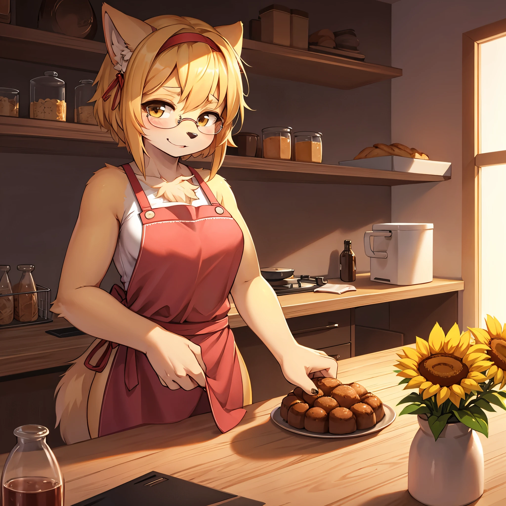 furry girl,apron,looking at viewer,glasses,sunflower hair clip,kitchen,bakery tools,