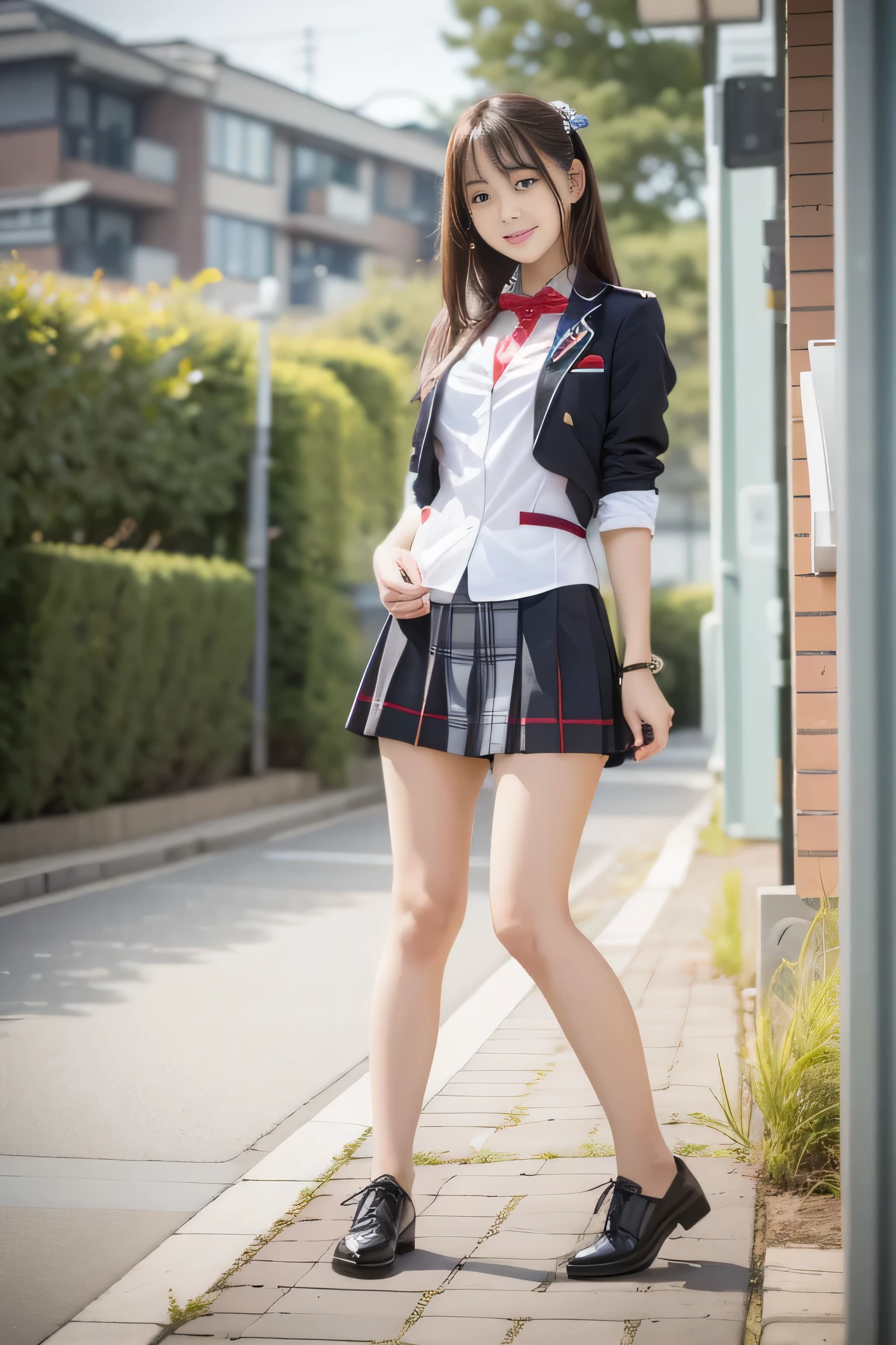 RAW image quality, (((high details,high detail、High resolution、masterpiece, attention to detail))), (1 girl:1.4), Arab-asian woman in uniform, Realistic young gravure idol, surreal high school girl, japanese school uniform, japanese girl uniform, surreal high school girl,Young and cute gravure idol, japanese school uniformを着て, young gravure idol, young gravure idol, A high school girl who looks beautiful and innocent when she smiles,face is flushed,beautiful girl with beautiful legs,beautiful woman natural light、thin clothes,semi-long,perm,brown shiny hair,Make a troubled face,Shallow depth of writing, biologically correct,