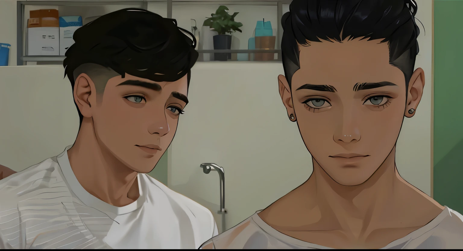 hay 2 lindos chicos  uno le esta curando las heridas en la espalda al otro estan tristes  lo mira con lastima  tienen cabello gris plateado