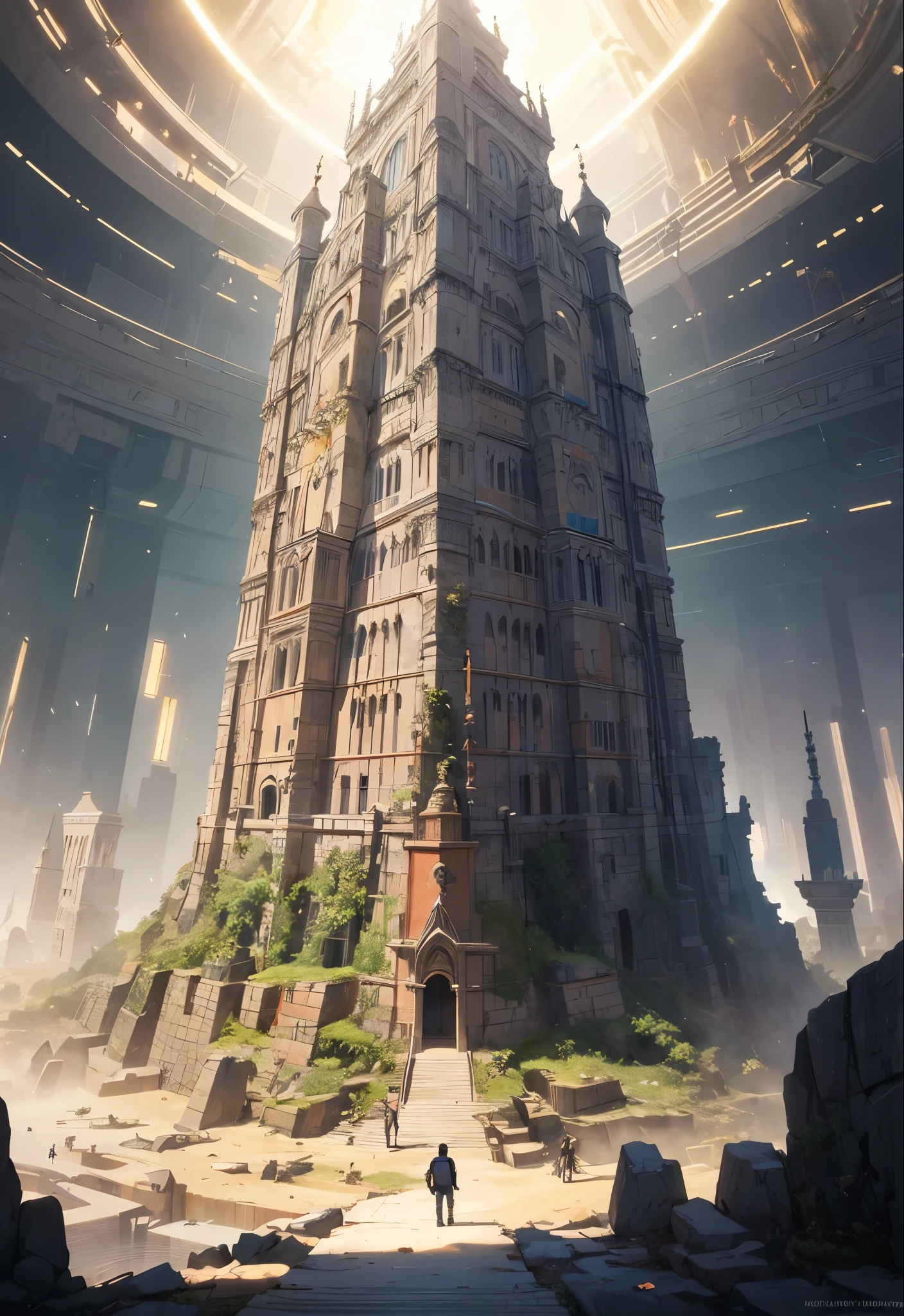 architecture,masterpiece, concept art, Wide-angle lens, panoramic,civilization,babel,Babel（Ancient Babylon Culture), fantasy theme, 古代巴比伦civilization, 浮空岛上的Babel天空,Volumetric lighting, global illumination, HD