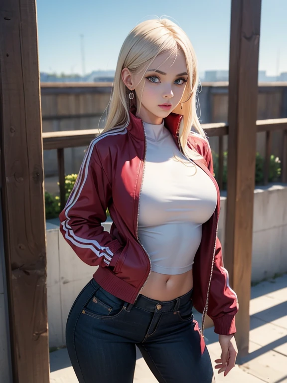 (best quality, 8k, highres, photorealistic:2.0), (solo, one girl:2.0),(lighting:front),(lighting: strong),(american beauty:2.0),(girl is very muscular:1.5),(shiny skin:1.5),(oily skin:1.5),(platinum blonde hair color:1.5),(flat chest:1.5),(((small breasts))),(Photographed in the slums of Detroit),(ultimate beautiful girl),(((energetic woman))),(((hip hop culture))),(hip hop dancer),(low rise pants),((track jacket zip full open)),(navel is visible),(((hip hugging pants))),Blush brown makeup , dark eye makeup ,pink lipstick,(big eyes girl:1.5)