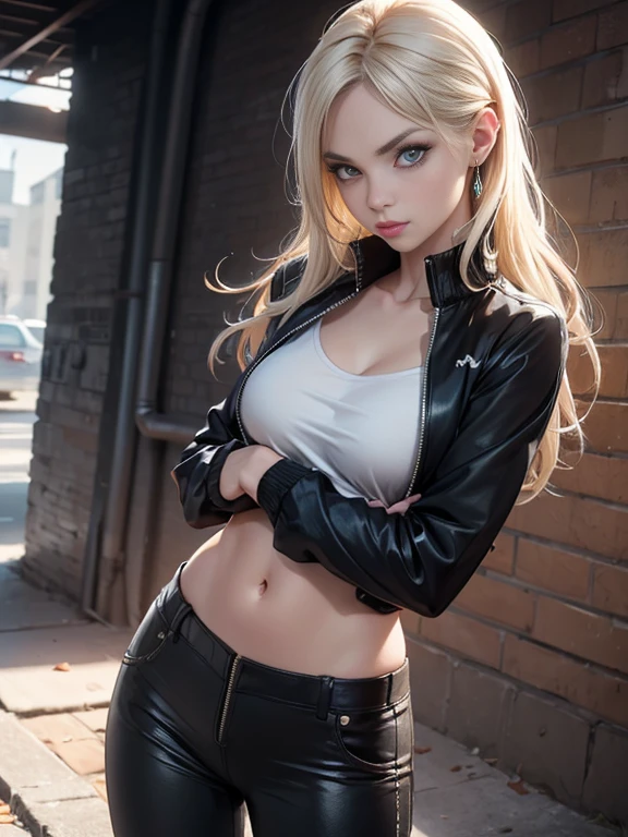 校服　leather jackets　girl with　A smile　　a beauty girl　a blond　top-quality　​masterpiece　超A high resolution　Colossal tits　beautiful a girl　Colossal tits　blue eyess　super-detaild skin　hyperdetailed face　cyberpunked