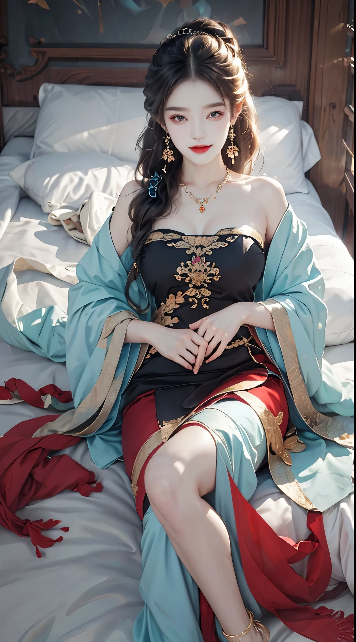 ((knee shot)), ((from above)), ((Satellite view)), ((lying down)), ((Lying on a wooden bed)), (ancient bed), ((One hand plays with hair, Cover your chest with one hand)), (ancient chinese style), clear face, pretty face, 8k, masterpiece, original photo, best quality, detail:1.2,lifelike, detail, Very detailed, CG, unified, wallpapers, depth of field, movie light, lens flare, Ray tracing, (extremely beautiful face, beautiful lips, beautiful eyes), intricate, detail的脸, ((ultra detailed skin)), 1 girl, in the darkness, deep shadow, beautiful korean girl, kpop idol,(Very slim figure:1.3), A plump chest, Large breasts, Slender sexy legs, Very nice legs, elegant posture, A seductive and seductive pose, (bright smile), (City night, (neon lights), (night), beautiful korean girl, white diamond earrings, Diameter bracelet, Dia necklace, clear eyes, (big eyes)