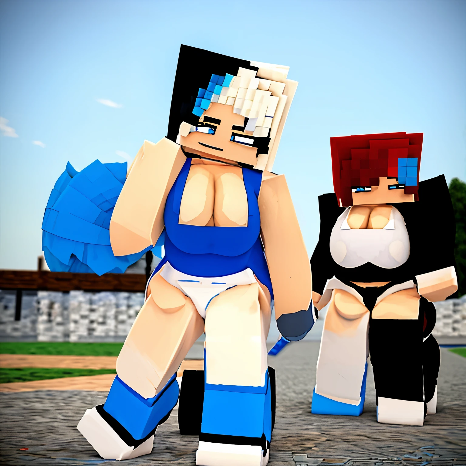 blue hair, blue eyes on the right, red eyes on the left, wearing a white shirt, black blue jacket, wearing a black necklace, shorts, black socks, blue shoes, type of character of a cat render
