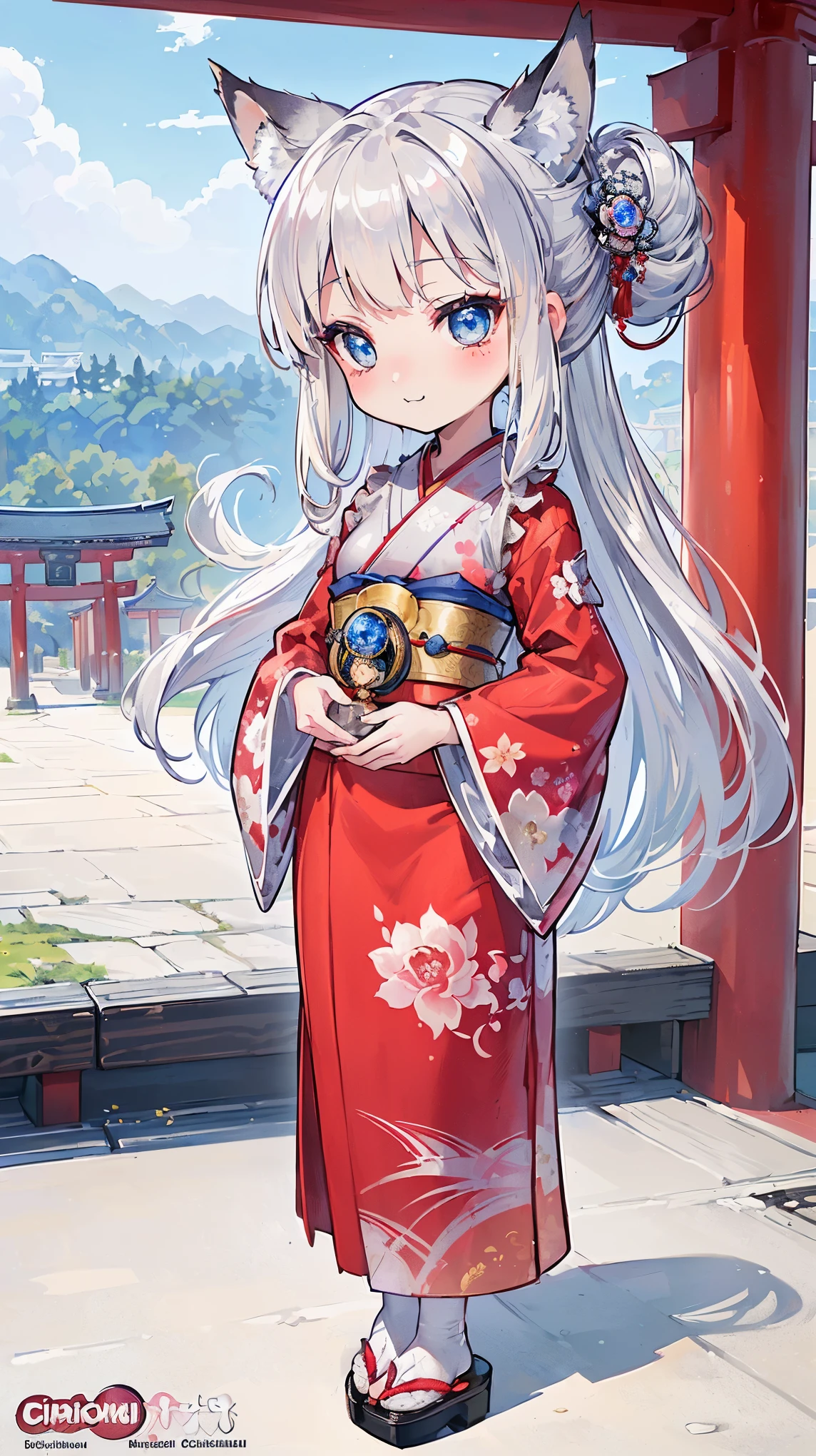 (((Masterpiece))), (((Highest quality))), ((Ultra-detailed)), ((Super fine illustration)), ((Ultra-fine painting)), (16K highest quality wallpaper:1.4), (Chibi:2.0), (Full body:1.6), HDR, (Highly detailed and delicate illustration style:1.8), Detailed skin texture, Detailed cloth texture, Extreme detailed description, (T-masterpiece), (Highly detailed face:1.2), (Highly detailed silver fox ears:1.2), (Highly detailed shiny silver half updo:1.2), (Highly detailed clear eyes:1.2), Original, RAW photo, Professional, Intricate details, Super details, Direct light:1.6, (Perfect anatomy:1.4), (Highly detailed hands:1.2), (Highly detailed fingers:1.2), (Highly detailed fingertips:1.2), (16-years-old), Real, (Solo:1.8), ((A very beautiful and cute silver fox girl who is an idol and wears a bright red long-sleeved kimono with a floral pattern:1.4)) BRAKE (Beautiful and adorable silver fox ears:1.8), (Highly detailed and delicate silver fox ears:1.4), (Beautiful and shiny silver half updo:1.6), (Highly detailed and delicate silver half updo:1.2), (Beautiful clear blue eyes that shine with great detail:1.6), (Highly detailed and delicate blue eyes:1.2), (Highly detailed face:1.4), (Smile:1.3), (Blush:1.4), (Looking at viewer:1.4), (Celebration:1.4) BRAKE (Bright red long-sleeved kimono with floral pattern:1.4), (Japanese traditional costume:1.2) BRAKE (Concept art:1.2), (Detailed fantasy art:1.2) BRAKE (Just after noon:1.4), (Very detailed and beautiful Ise Grand Shrine in Mie Prefecture just after noon in the background:1.6), (Standing in front of the torii gate:1.4), (Celebration:1.4), Ise Grand Shrine:1.4, Torii gate of Ise Shrine:1.4, Very beautiful in the sunny sky background just after noon:1.4 BRAKE 