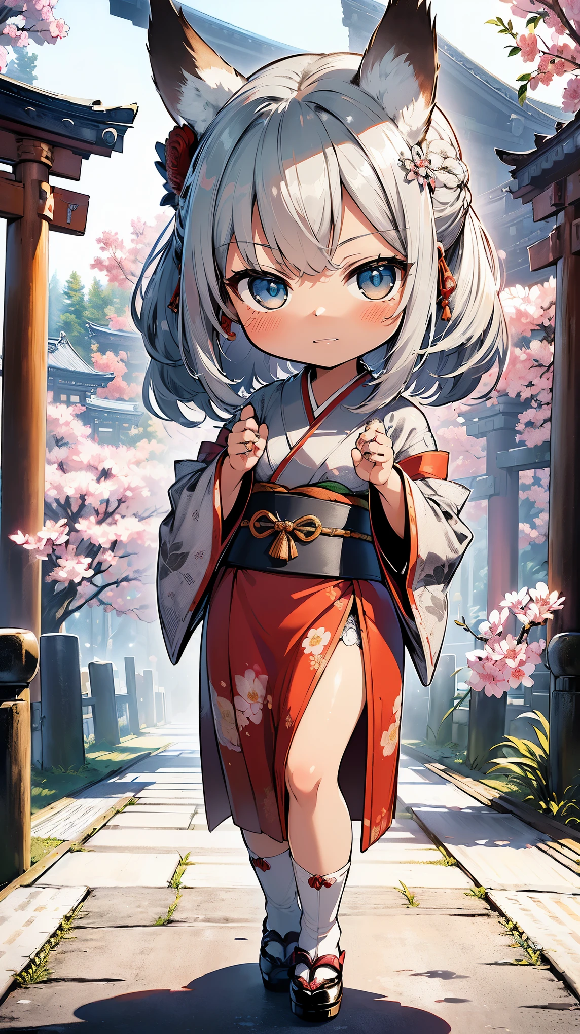 (((Masterpiece))), (((Highest quality))), ((Ultra-detailed)), ((Super fine illustration)), ((Ultra-fine painting)), (16K highest quality wallpaper:1.4), (Chibi:2.0), (Full body:1.6), HDR, (Highly detailed and delicate illustration style:1.8), Detailed skin texture, Detailed cloth texture, Extreme detailed description, (T-masterpiece), (Highly detailed face:1.2), (Highly detailed silver fox ears:1.2), (Highly detailed shiny silver half updo:1.2), (Highly detailed clear eyes:1.2), Original, RAW photo, Professional, Intricate details, Super details, Direct light:1.6, (Perfect anatomy:1.4), (Highly detailed hands:1.2), (Highly detailed fingers:1.2), (Highly detailed fingertips:1.2), (-yeld), R, (Solo:1.8), ((A very beautiful and cute silver fox girl who is an idol and wears a bright red long-sleeved kimono with a floral pattern:1.4)) BRAKE (Beautiful and adorable silver fox ears:1.8), (Highly detailed and delicate silver fox ears:1.4), (Beautiful and shiny silver half updo:1.6), (Highly detailed and delicate silver half updo:1.2), (Beautiful clear blue eyes that shine with great detail:1.6), (Highly detailed and delicate blue eyes:1.2), (Highly detailed face:1.4), (Smile:1.3), (Blush:1.4), (Looking at viewer:1.4), (Celebration:1.4) BRAKE (Bright red long-sleeved kimono with floral pattern:1.4), (Japanese traditional costume:1.2) BRAKE (Concept art:1.2), (Detailed fantasy art:1.2) BRAKE (Just after noon:1.4), (Very detailed and beautiful Ise Grand Shrine in Mie Prefecture just after noon in the background:1.6), (Standing in front of the torii gate:1.4), (Celebration:1.4), Ise Grand Shrine:1.4, Torii gate of Ise Shrine:1.4, Very beautiful in the sunny sky background just after noon:1.4 BRAKE