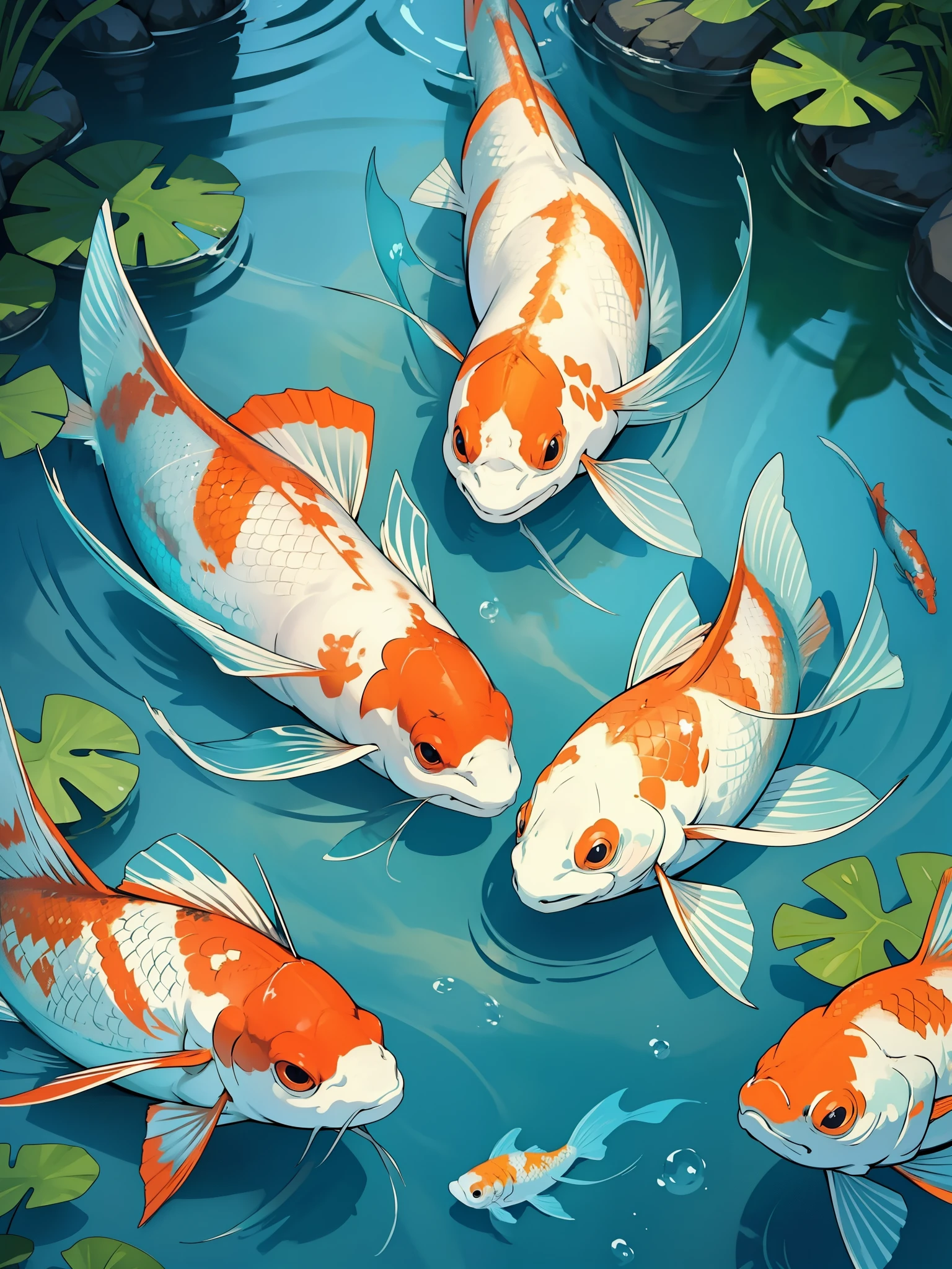 Beautiful koi and my tranquil masterpiece, Showcase the vibrant colors and graceful movements of fish in tranquil waterscapes.