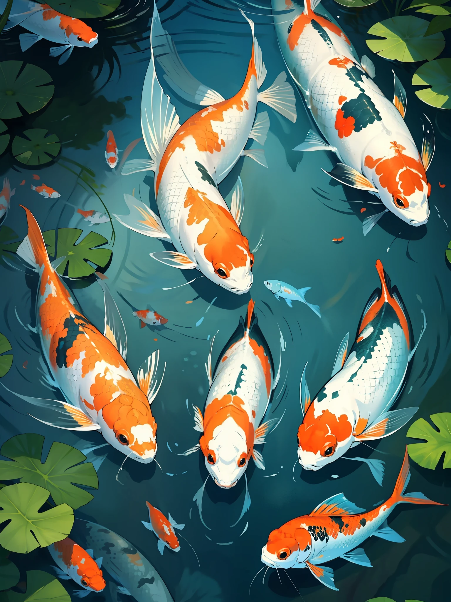 Beautiful koi and my tranquil masterpiece, Showcase the vibrant colors and graceful movements of fish in tranquil waterscapes.