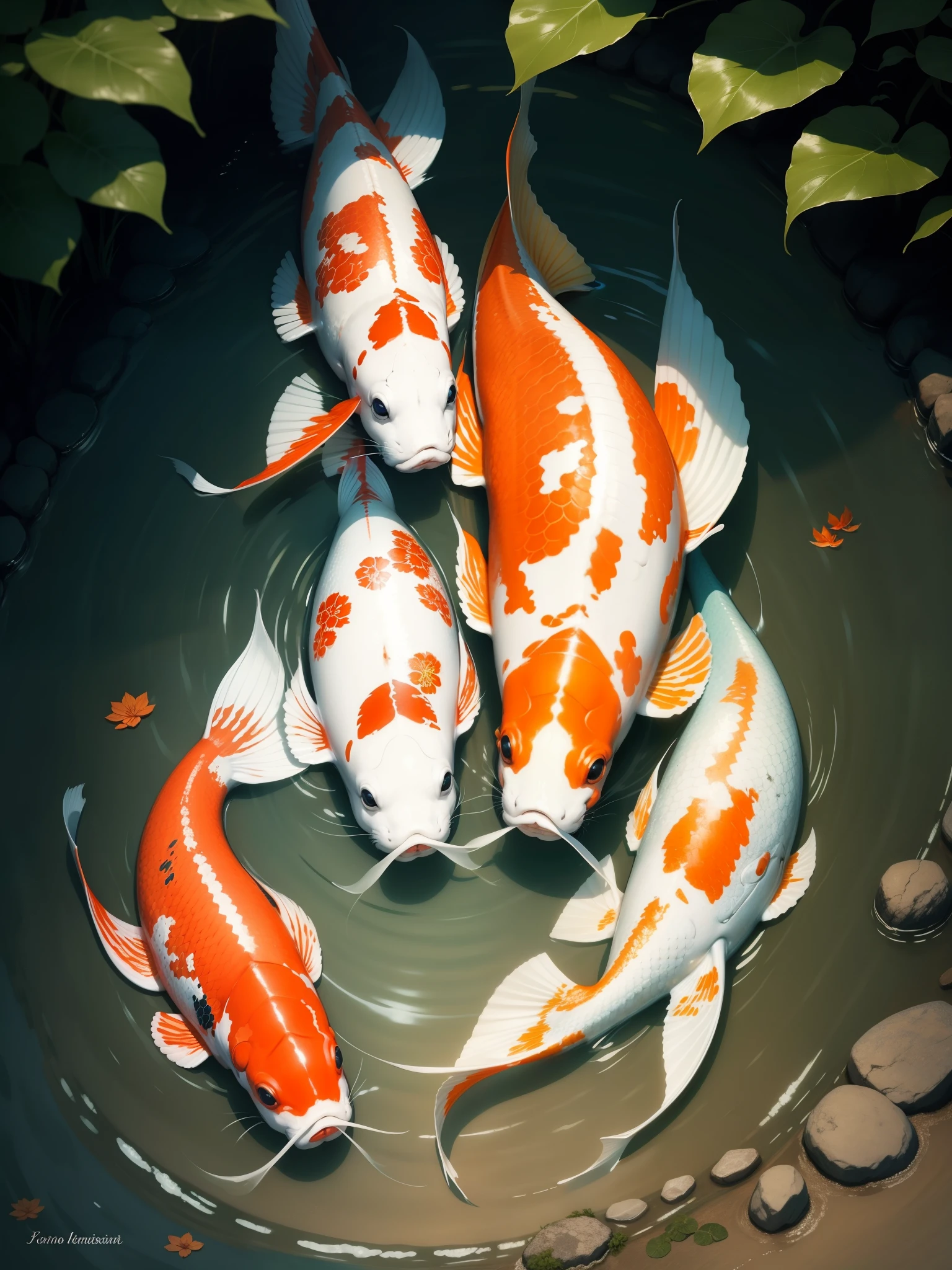 Beautiful koi and my tranquil masterpiece, Showcase the vibrant colors and graceful movements of fish in tranquil waterscapes.