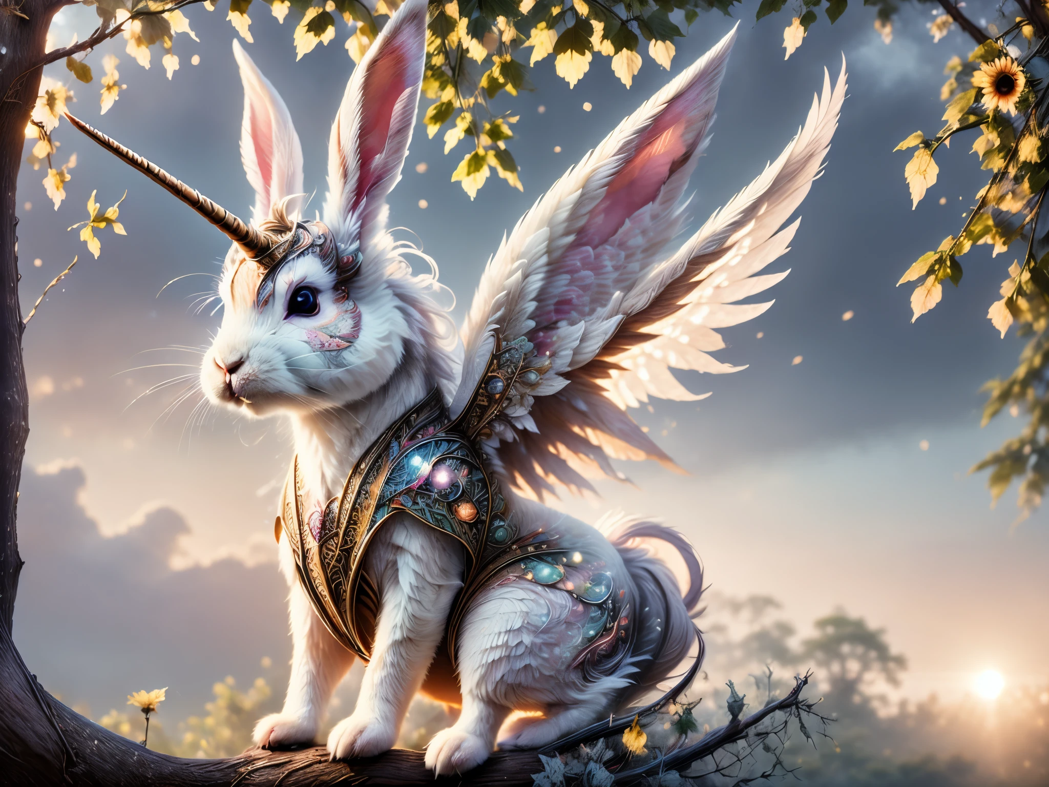 A beautiful hyper-fluffy fantasy rabbit, colored like a tigger, with a large unicorn, wings, DonMF41ryW1ng5, on a high branch in a tree with magical sunflowers, falling magic dust, shining. Sunrise. Pastel colors. Intricately detailed, masterpiece, beautiful, semi-realistic, raw image