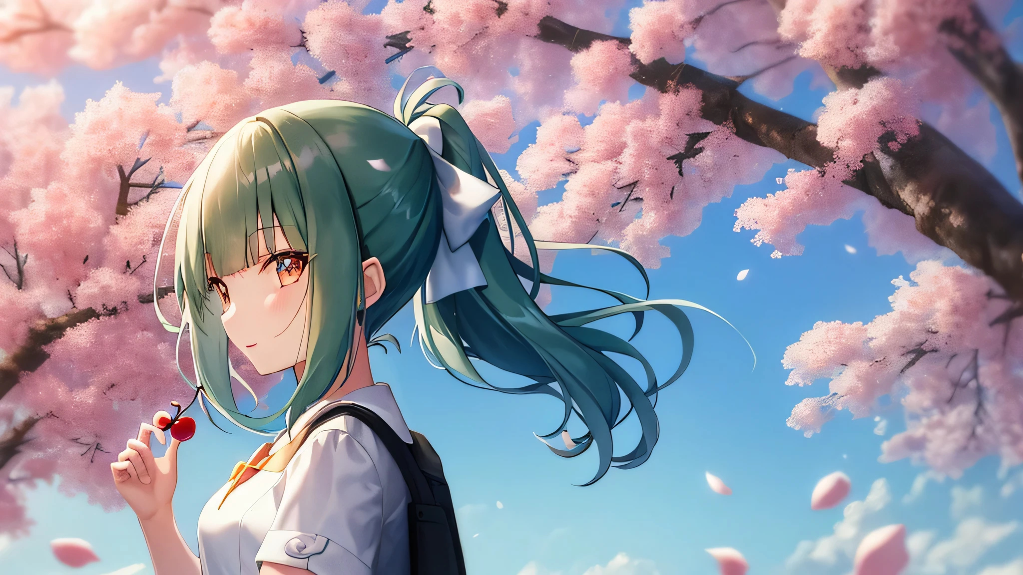 masterpiece、Yubari_Kantai Collection, green hair、((1 girl))、aloneガール、alone、A path lined with flourishing cherry blossom trees、cherry blossom viewing、Spring season、dynamic background、Open World、Photorealistic backgrounds、（Small floral pattern、Fine floral pattern、white dress、short sleeve）、profile、the wind is blowing、fluttering hair、