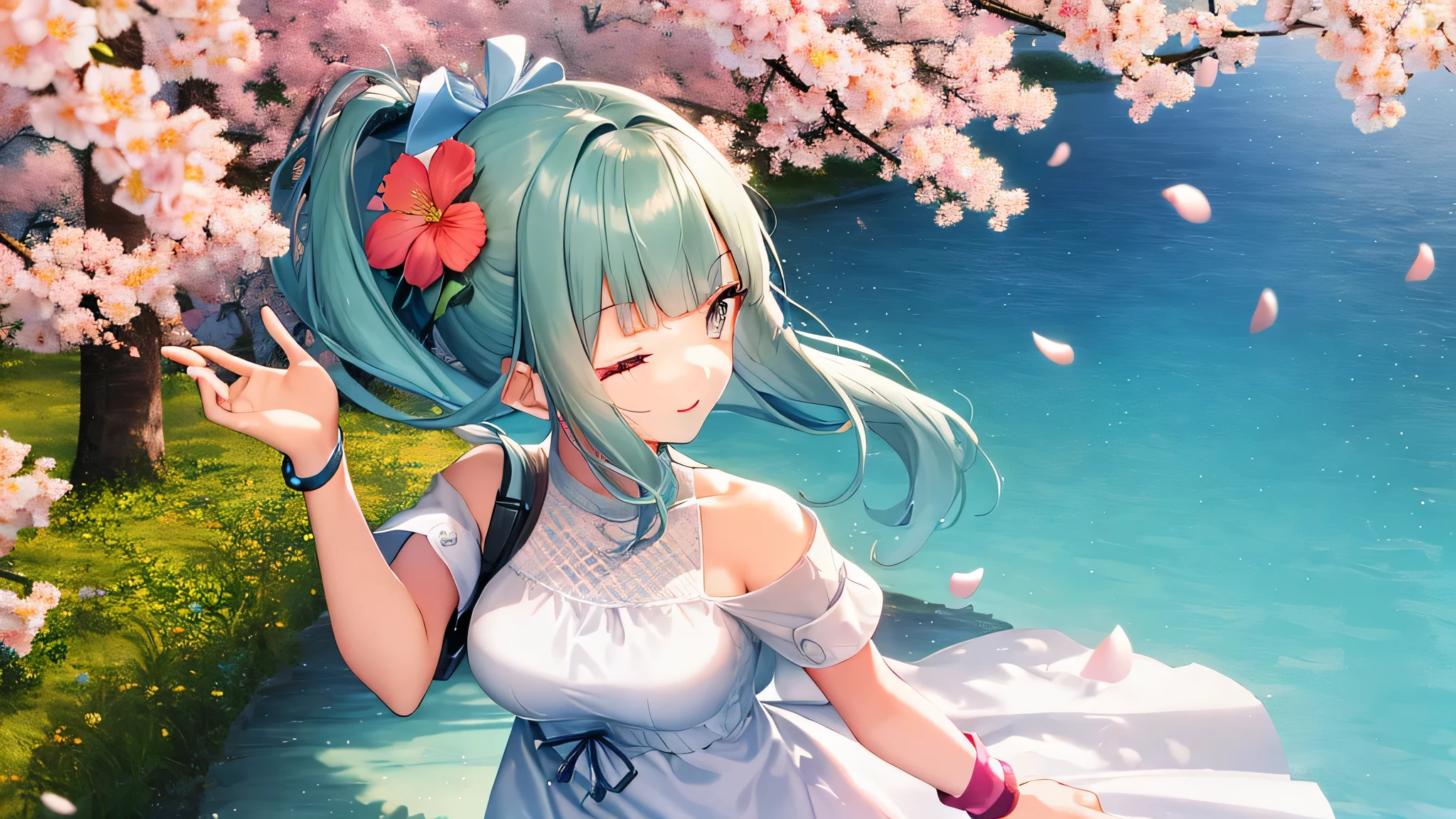 masterpiece、Yubari_Kantai Collection, green hair、((1 girl))、aloneガール、alone、A path lined with flourishing cherry blossom trees、cherry blossom viewing、Spring season、dynamic background、Open World、Photorealistic backgrounds、（Small floral pattern、Fine floral pattern、white dress、short sleeve）、profile、the wind is blowing、fluttering hair、