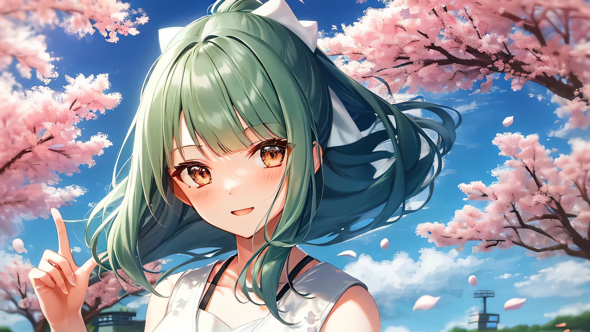 masterpiece、Yubari_Kantai Collection, green hair、((1 girl))、aloneガール、alone、A path lined with flourishing cherry blossom trees、cherry blossom viewing、Spring season、dynamic background、Open World、Photorealistic backgrounds、（Small floral pattern、Fine floral pattern、white dress、short sleeve）、profile、the wind is blowing、fluttering hair、