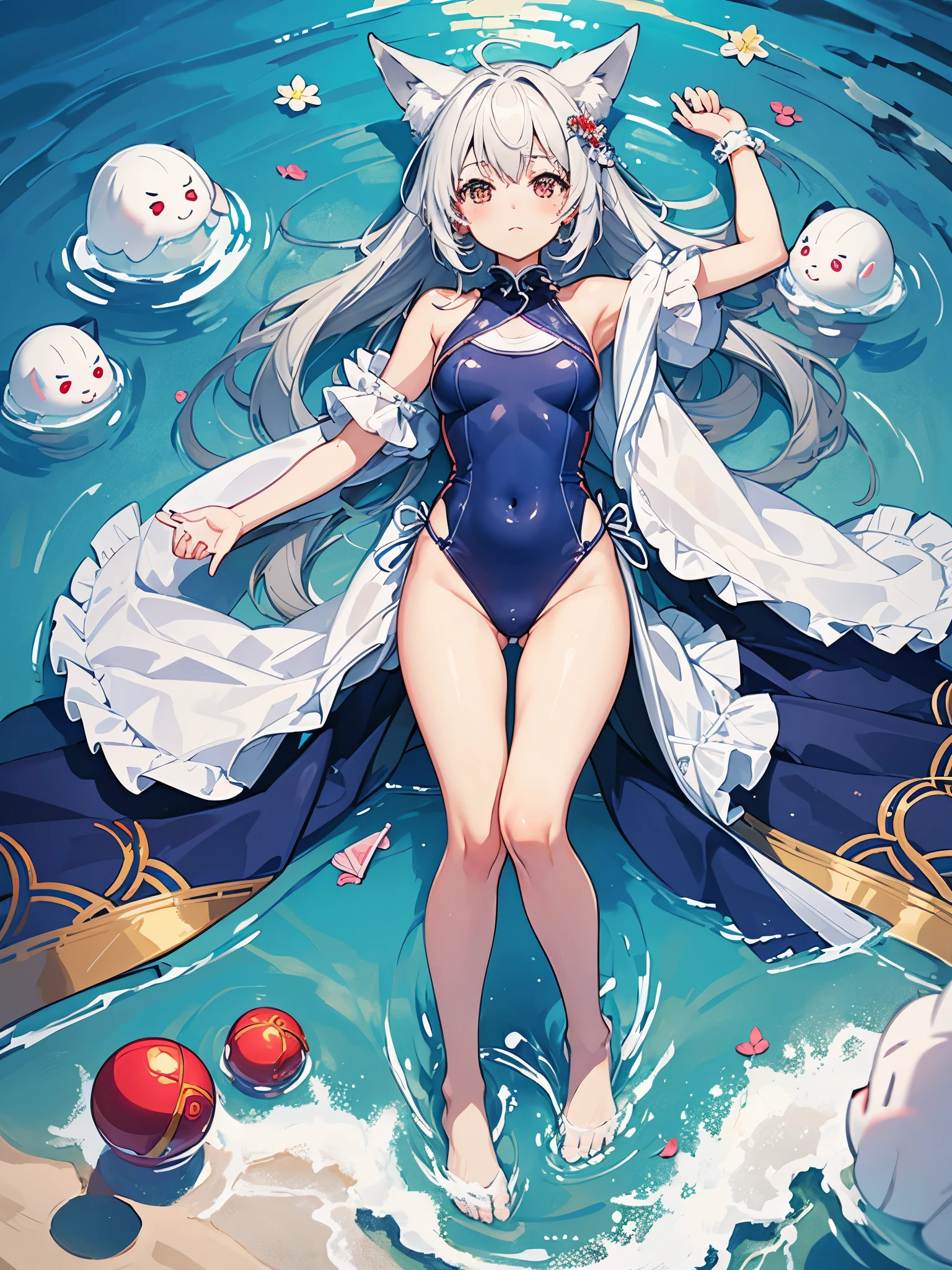 Pure fox-eared girl(Cheerful)Skin is hydrated(Highlights the voluptuousness of thighs)There are intricate patterned cloth strips on the legs,Wrap around legs as decoration。 wearing a swimsuit(Pure lust)。Ocean。
