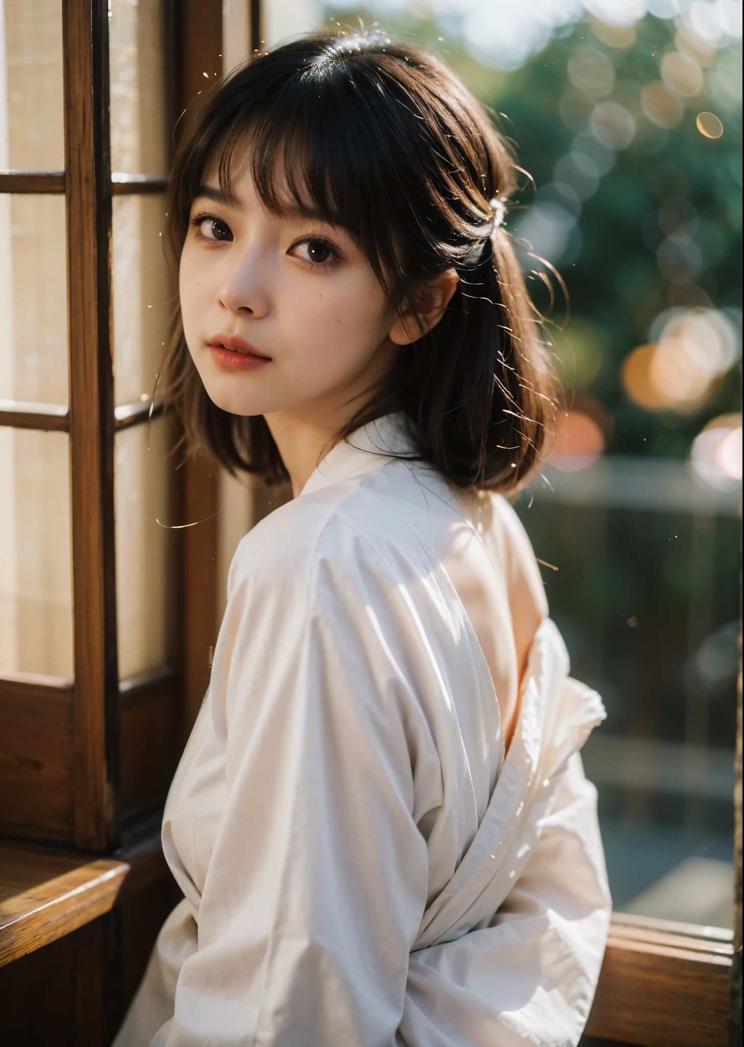 best quality, 超high resolution, (photoactual:1.4), original photo, (Upper waist:1.4), (Bokeh:1.7),(Window light only:1.6), (in bright japanese-style room:1.5),(bright:1.5) 1 japanese girl, (alone), (Smile:1.2,open mouth:0.7), (dark brown eyes), natural skin, (brown updo hair,Bangs),permanent (blue silk kimono),(Heart), (8k, original photo, best quality, masterpiece:1.2), Super detailed, 超high resolution, (actual, photo actual:1.37), High-detail RAW color photos, Professional photos, extremely delicate and beautiful, Very detailed, 8k wallpaper, Astonishing, fine details, File size is huge, Very detailed beautiful girl, Very detailed face, Very detailed eyes, Very detailed skin, Very detailed fingers, Very detailed nose, Very detailed mouth, perfect anatomy, highly detailed back ground, NaturalHand2-3500, Beautiful and delicate lips, delicate finger, Detailed pupils, Real human skin, shiny skin,, natural skin texture, Surrealism, human development report, Super detailed的, original photo, photoactual, best quality, high resolution, actual, 8k, Caustics, dynamic light, Beautiful and delicate lips, delicate finger, Detailed pupils, Real human skin,