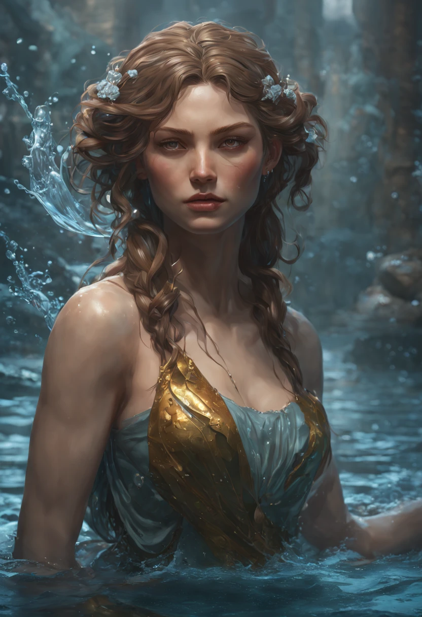 8k resolution concept art by Greg Rutkowski, Artgerm, WLOP, Alphonse Mucha with dynamic lighting and intricate details. Splash art trending on Artstation with Unreal Engine 5 volumetric lighting. Features a girl figure made of water, water statue, water hair, water elemental girl, undine, water reflections, water flow, crystal wet body. Reimagined by industrial light and magic with 4k resolution post-processing. Also includes references to Pixar, Disney, Studio Ghibli, and Anime Key Visual styles. Uses natural lighting and beautiful composition. Hyper-realistic water effects with transparent and glass-like features. Incorporates neo-impressionism and post-impressionism painting styles with textured layers of paint.