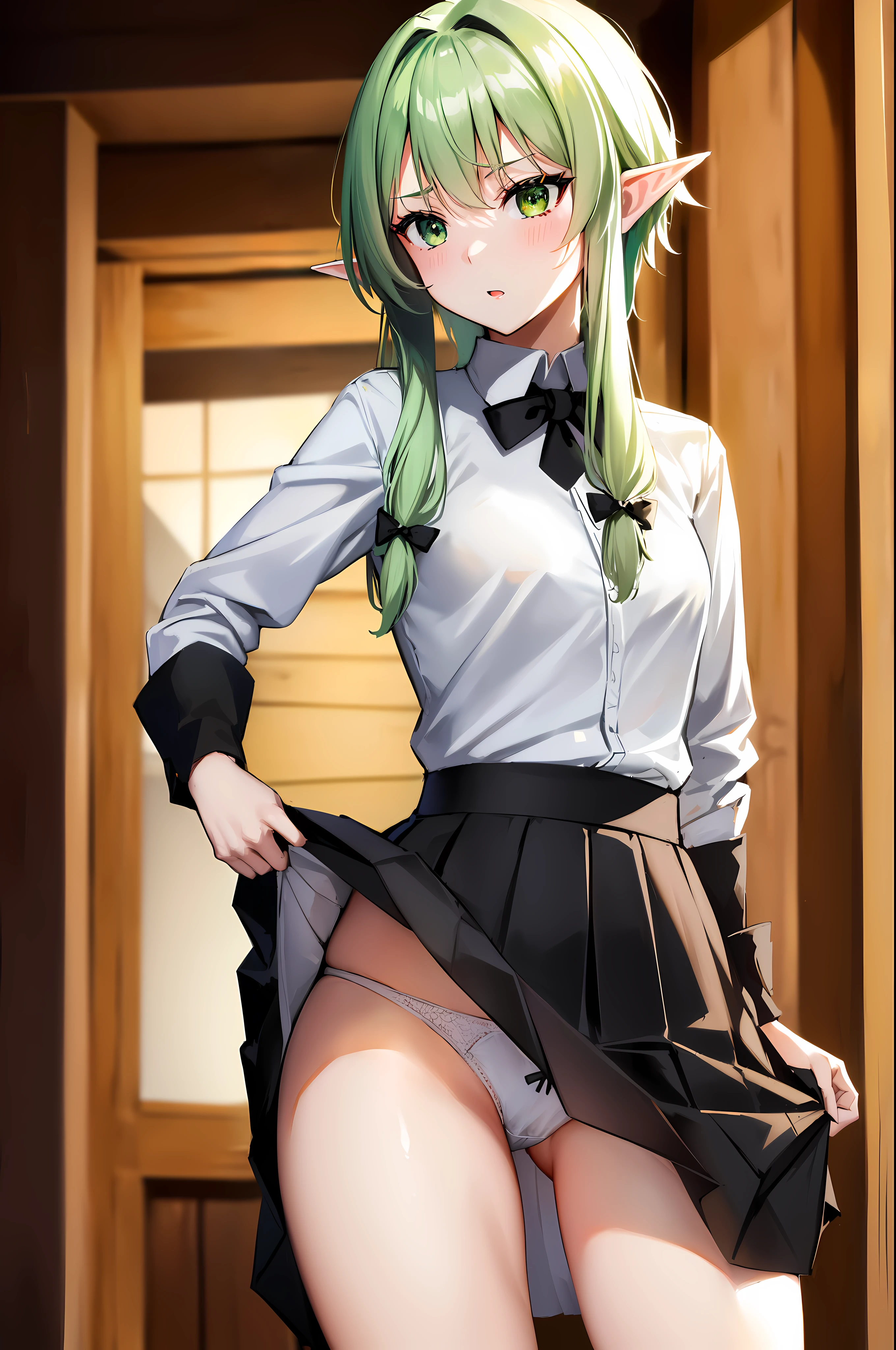 highelfarcher, high elf archer, elf, Green hair, long hair, pointy ears, elf, (masterpiece:1.2), best quality, high resolution, unity 8k wallpaper, (illustration), perfect lighting, Highly detailed CG, (sexy:1.4),alone, 1 woman ,(White_schools_shirt:1.3), (Black color_schools_skirt:1.3) , (cl~am:1.3) , standing, (pretty:1.2) , (grab the skirt, skirt 리프트, Raise, White_panties:1.3) , (upper body),(~am,~at_behind:1.3)