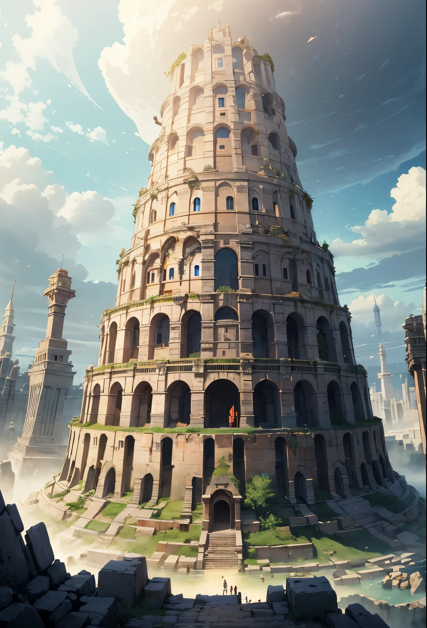 architecture,masterpiece, concept art, Wide-angle lens, panoramic,civilization,babel,Tower of Babel reaching into the sky(Ancient Babylon Culture), fantasy theme, 古代巴比伦civilization, Tower of Babel on the floating island,Volumetric lighting, global illumination, HD