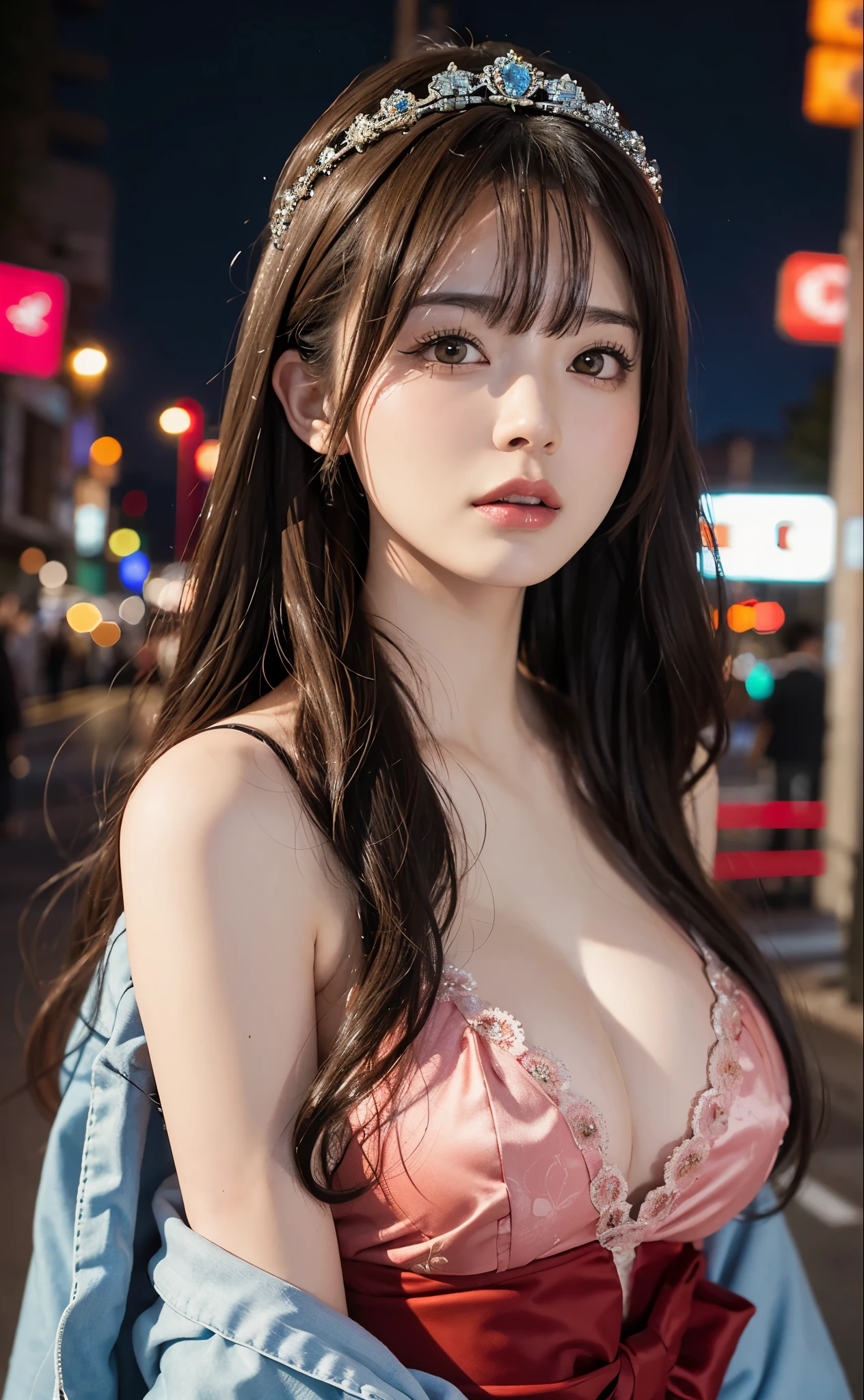 1 girl, Tokyo streets,night, city View,city lights, Upper body,close up, 8k, original photo, best quality, masterpiece,actual, photo-actual,Red rose tiara, parted bangs, long hair,